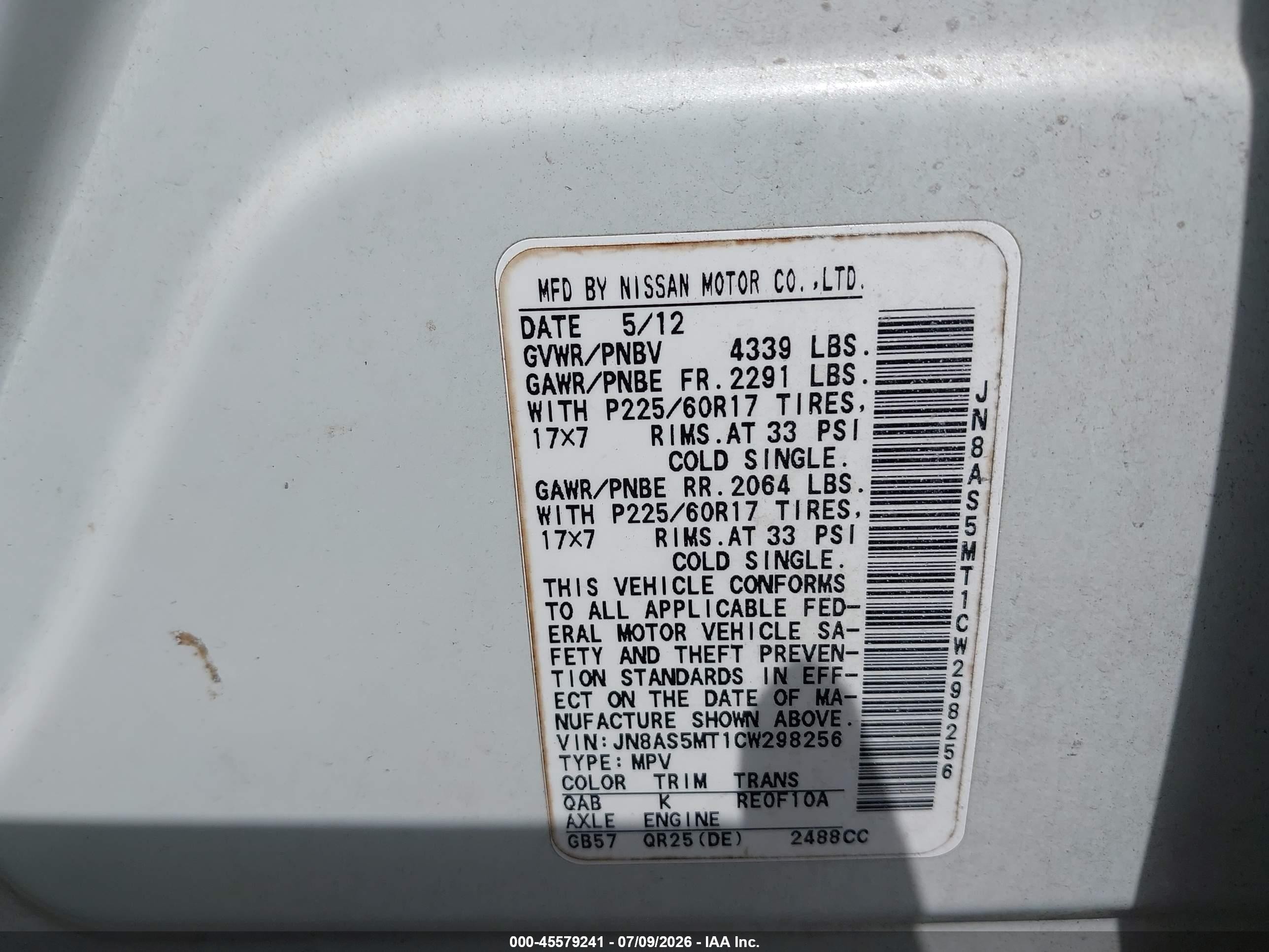 2012 Nissan Rogue Sv White vin: JN8AS5MT1CW298256