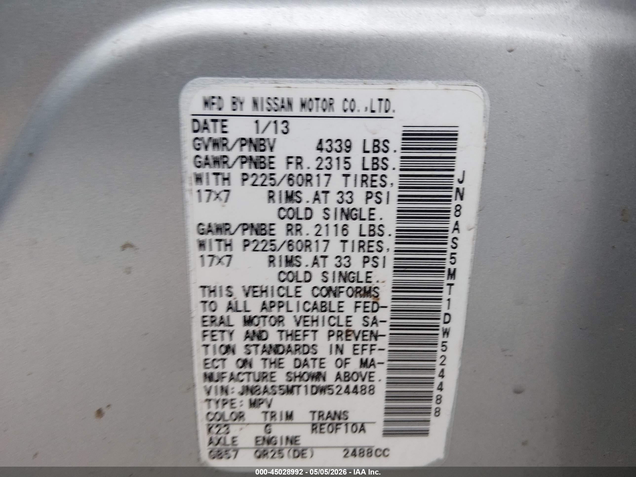 2013 Nissan Rogue Sv Gray vin: JN8AS5MT1DW524488
