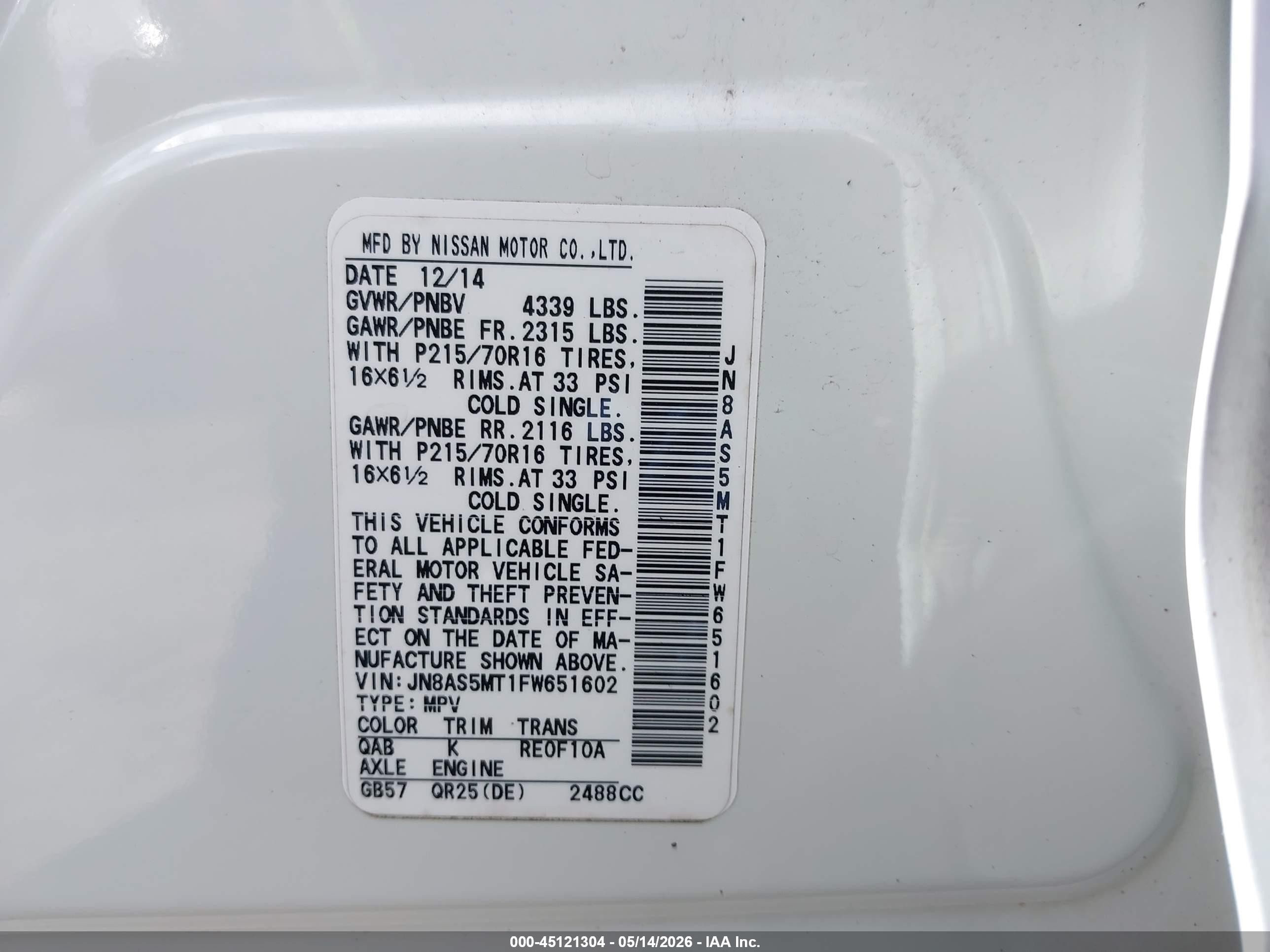 2015 Nissan Rogue Select S Белый vin: JN8AS5MT1FW651602