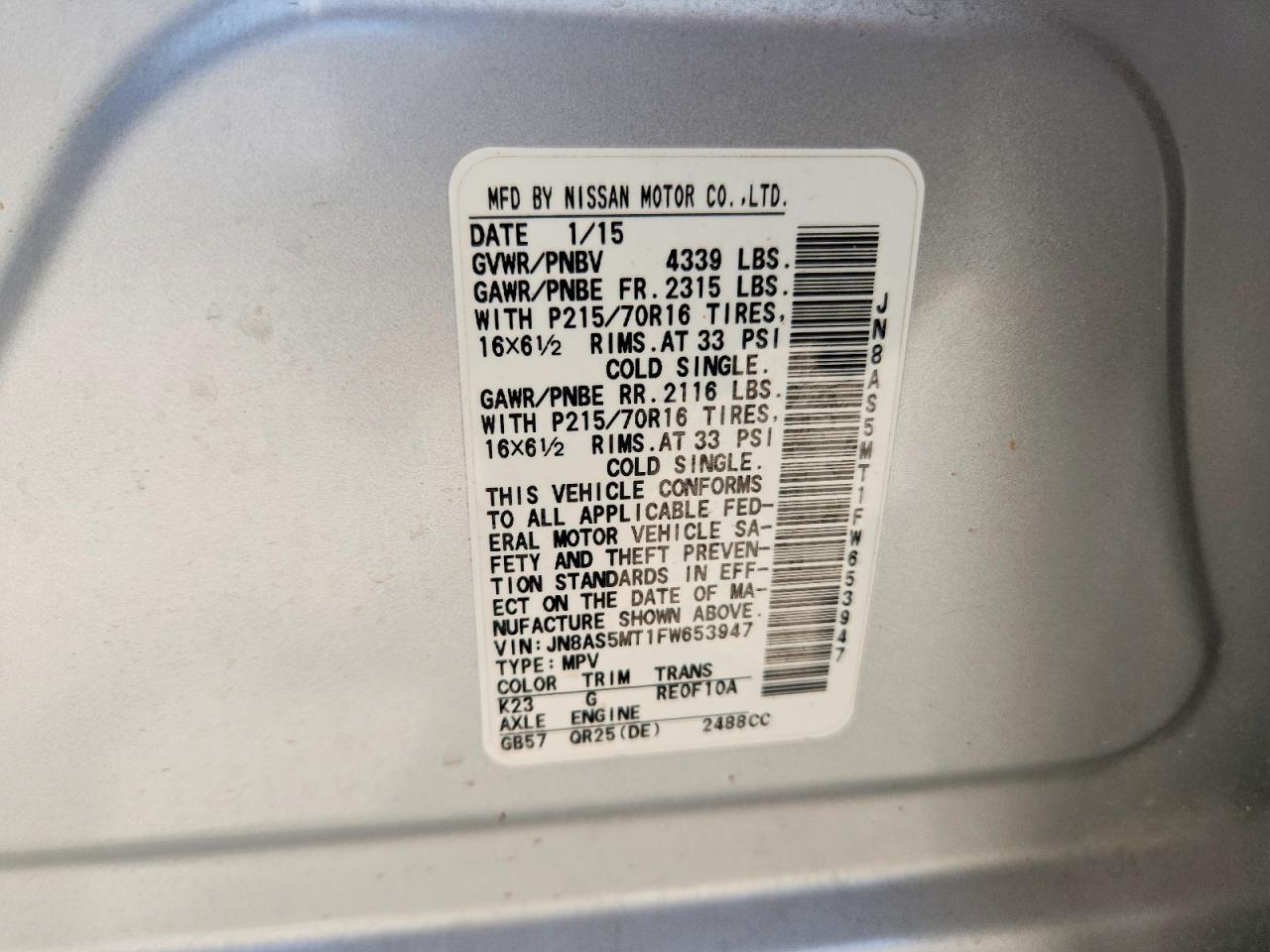 2015 Nissan Rogue Select S Silver vin: JN8AS5MT1FW653947