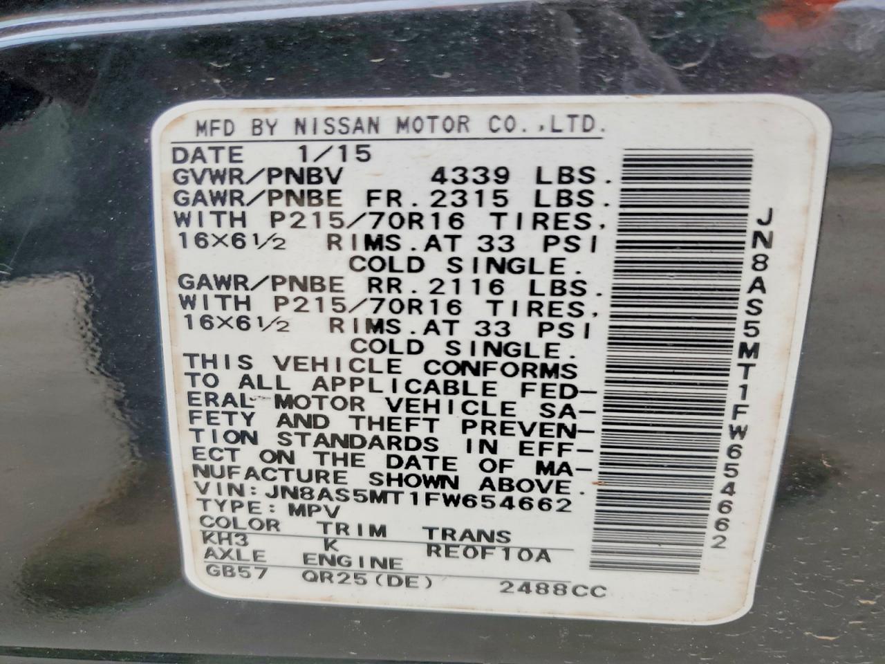 2015 Nissan Rogue Select Black vin: JN8AS5MT1FW654662