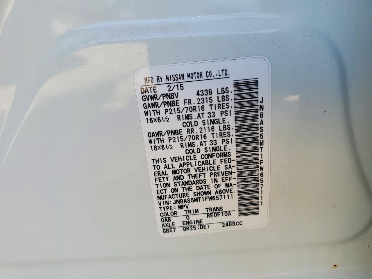 2015 Nissan Rogue Select S White vin: JN8AS5MT1FW657111