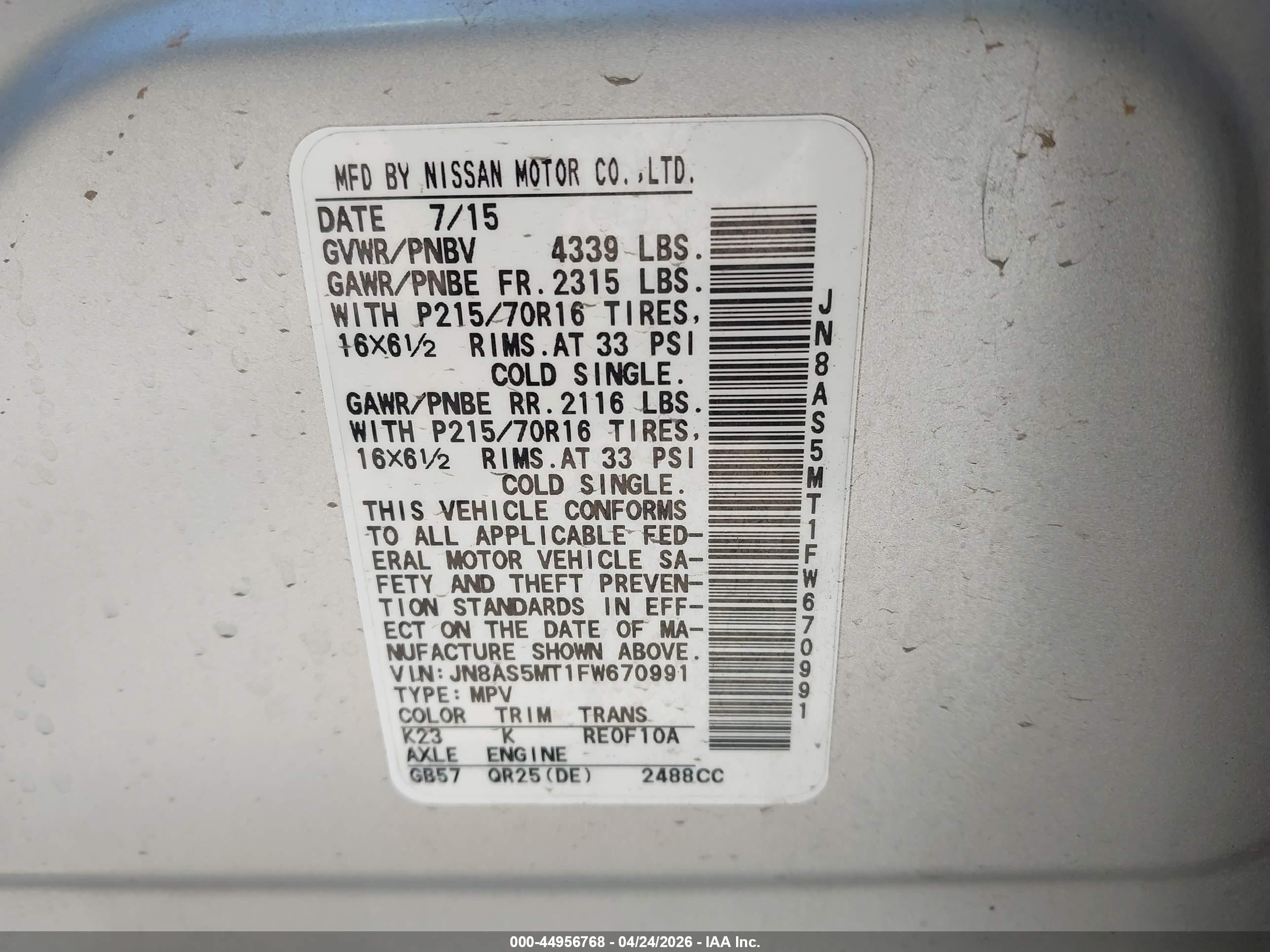 2015 Nissan Rogue Select S Silver vin: JN8AS5MT1FW670991