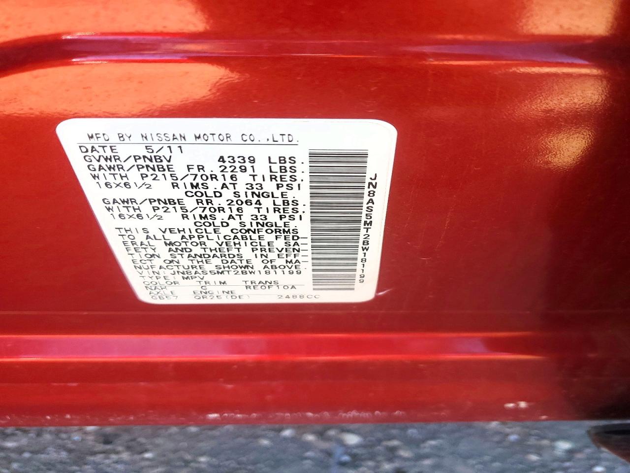 2011 Nissan Rogue S/sv/krom Red vin: JN8AS5MT2BW181199