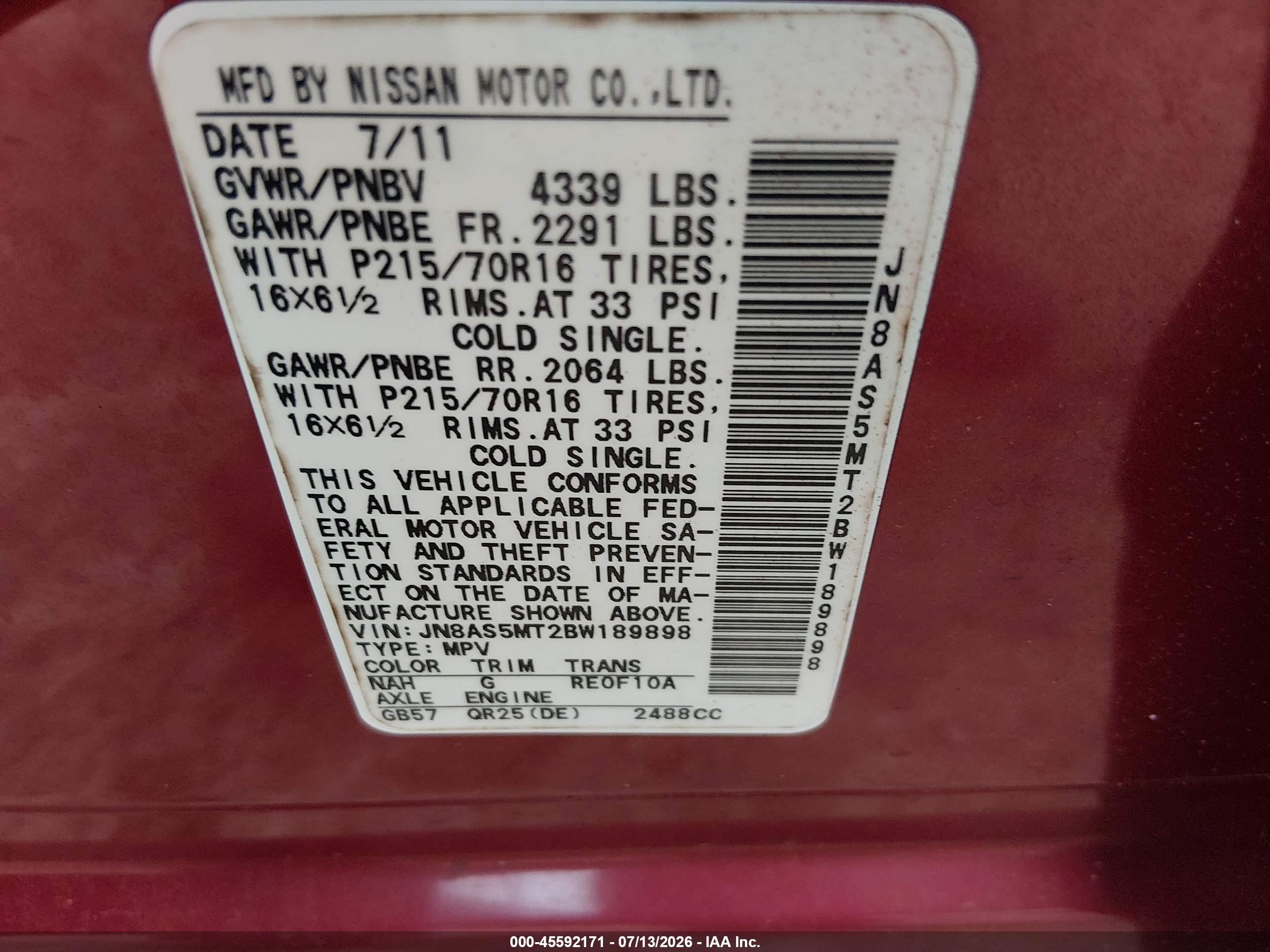 2011 Nissan Rogue S Burgundy vin: JN8AS5MT2BW189898