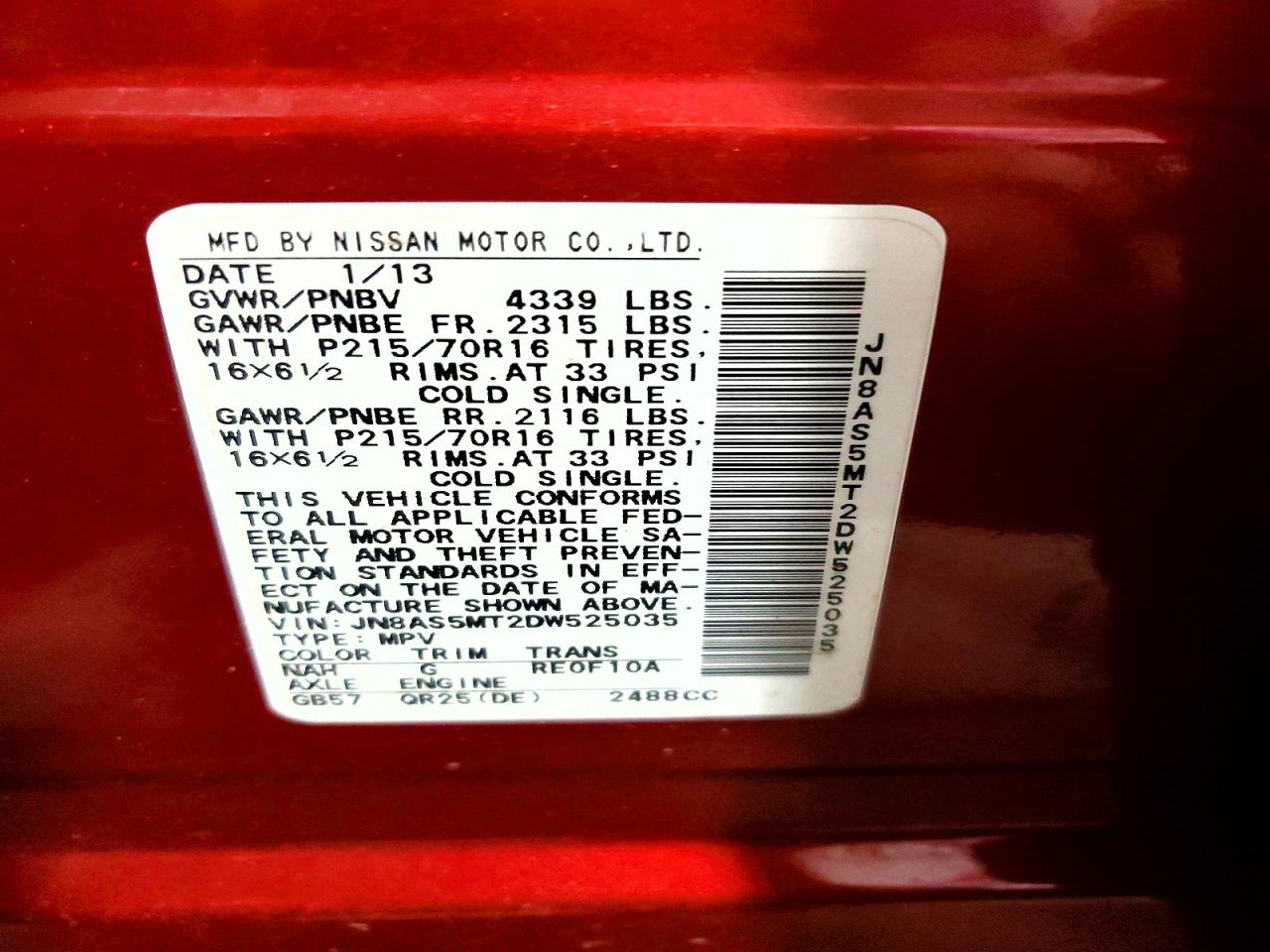 2013 Nissan Rogue S Red vin: JN8AS5MT2DW525035