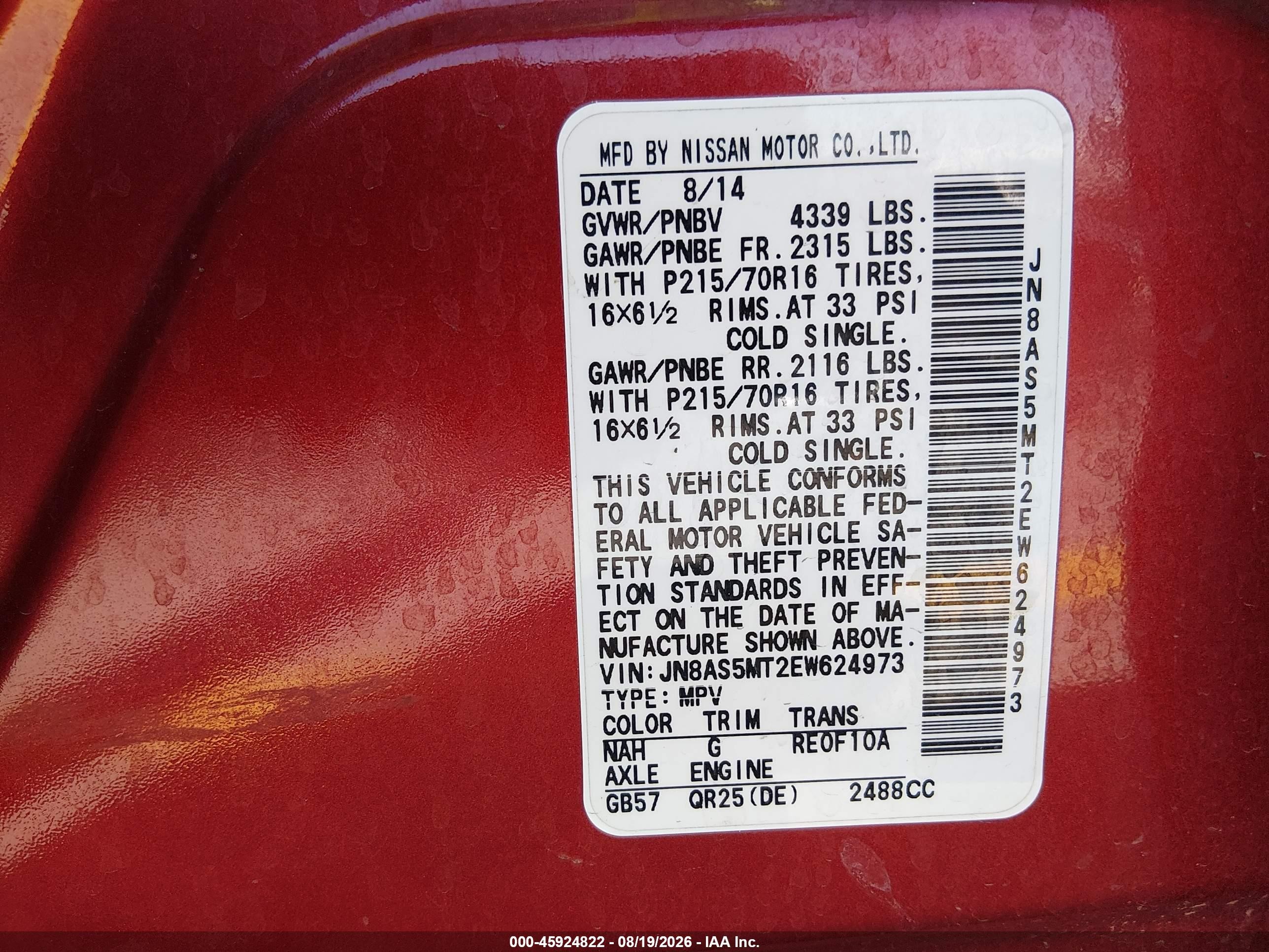 2014 Nissan Rogue Select S Red vin: JN8AS5MT2EW624973