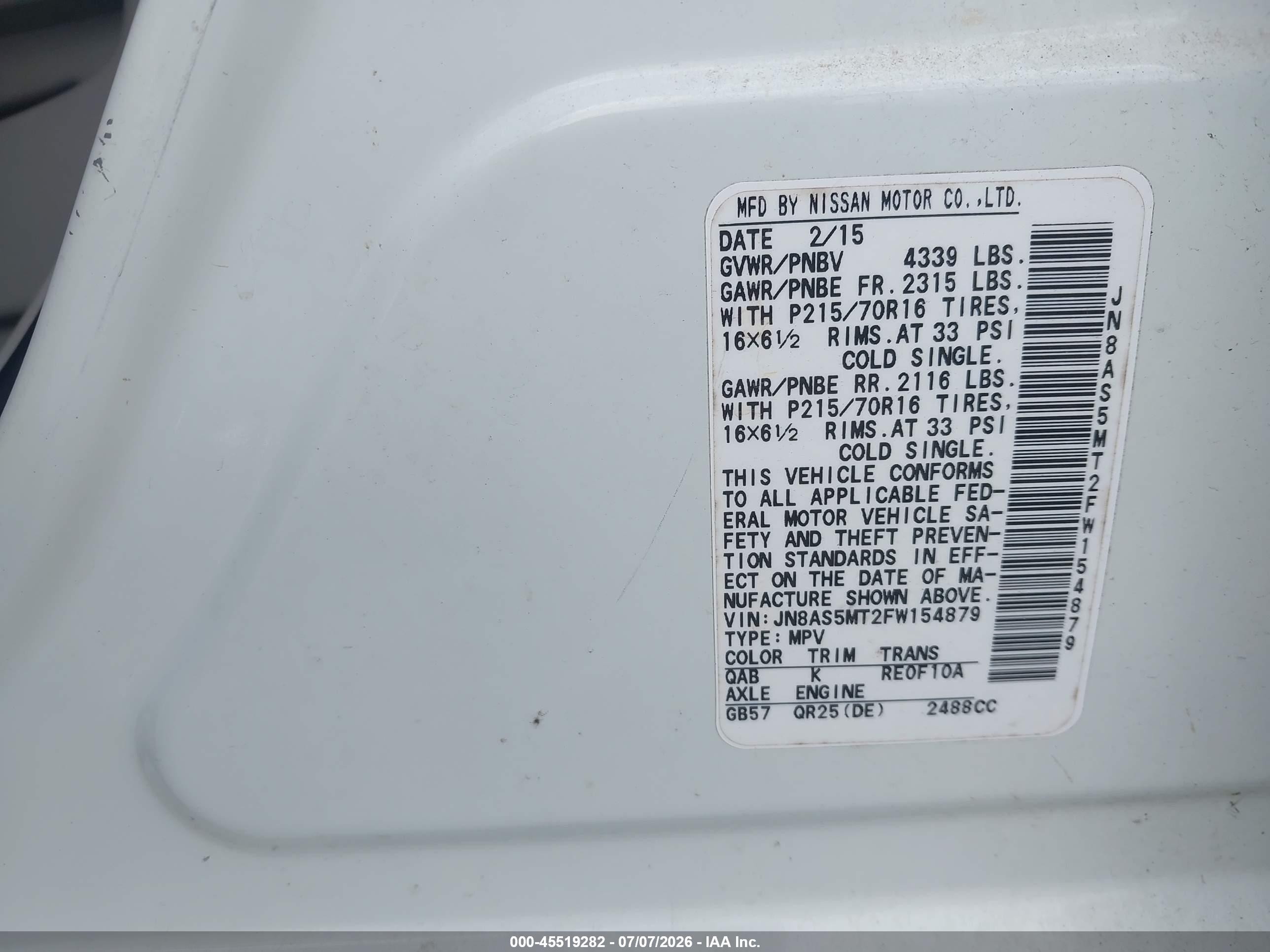 2015 Nissan Rogue Select S White vin: JN8AS5MT2FW154879