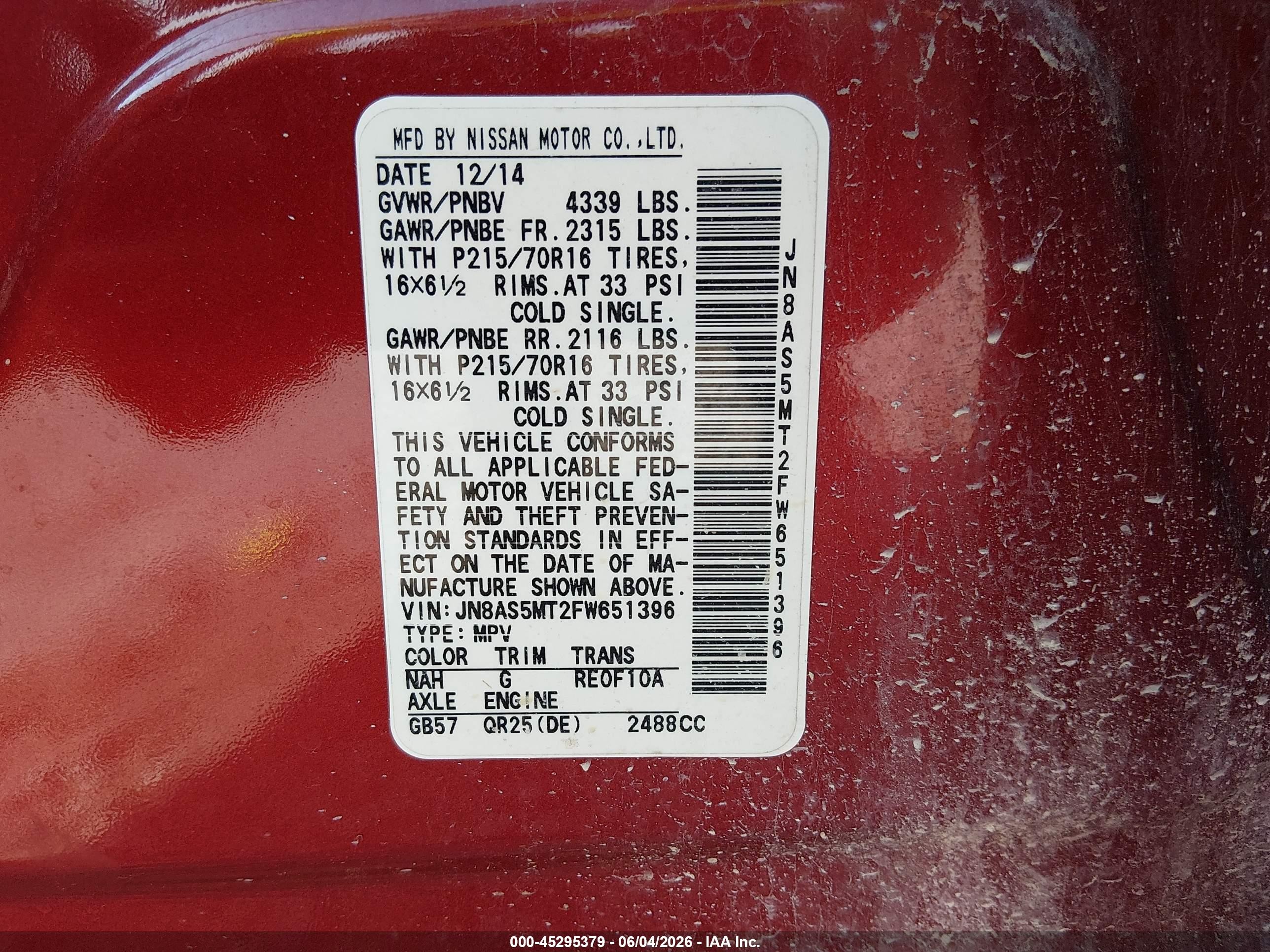 2015 Nissan Rogue Select S Red vin: JN8AS5MT2FW651396