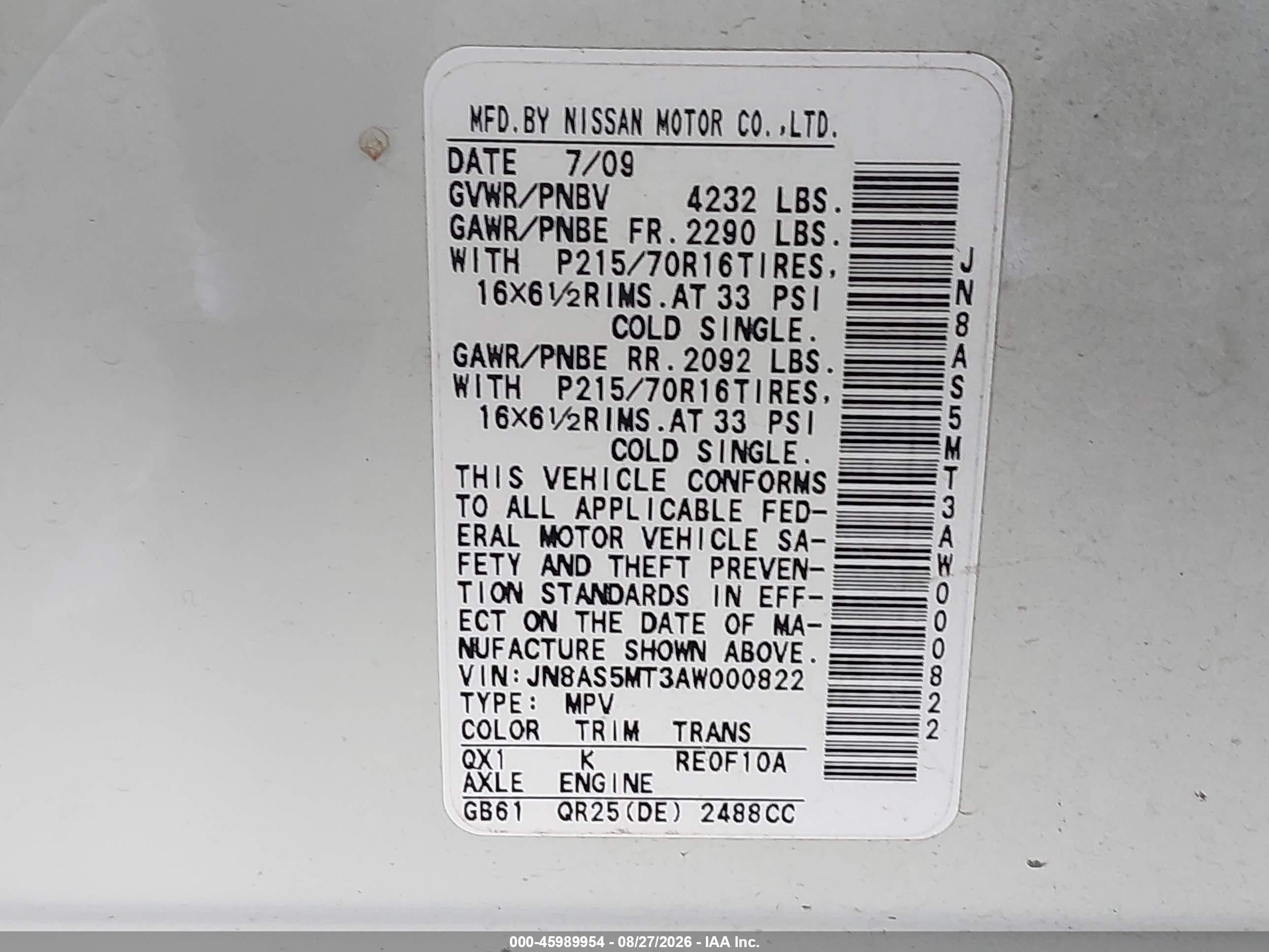 2010 Nissan Rogue S White vin: JN8AS5MT3AW000822