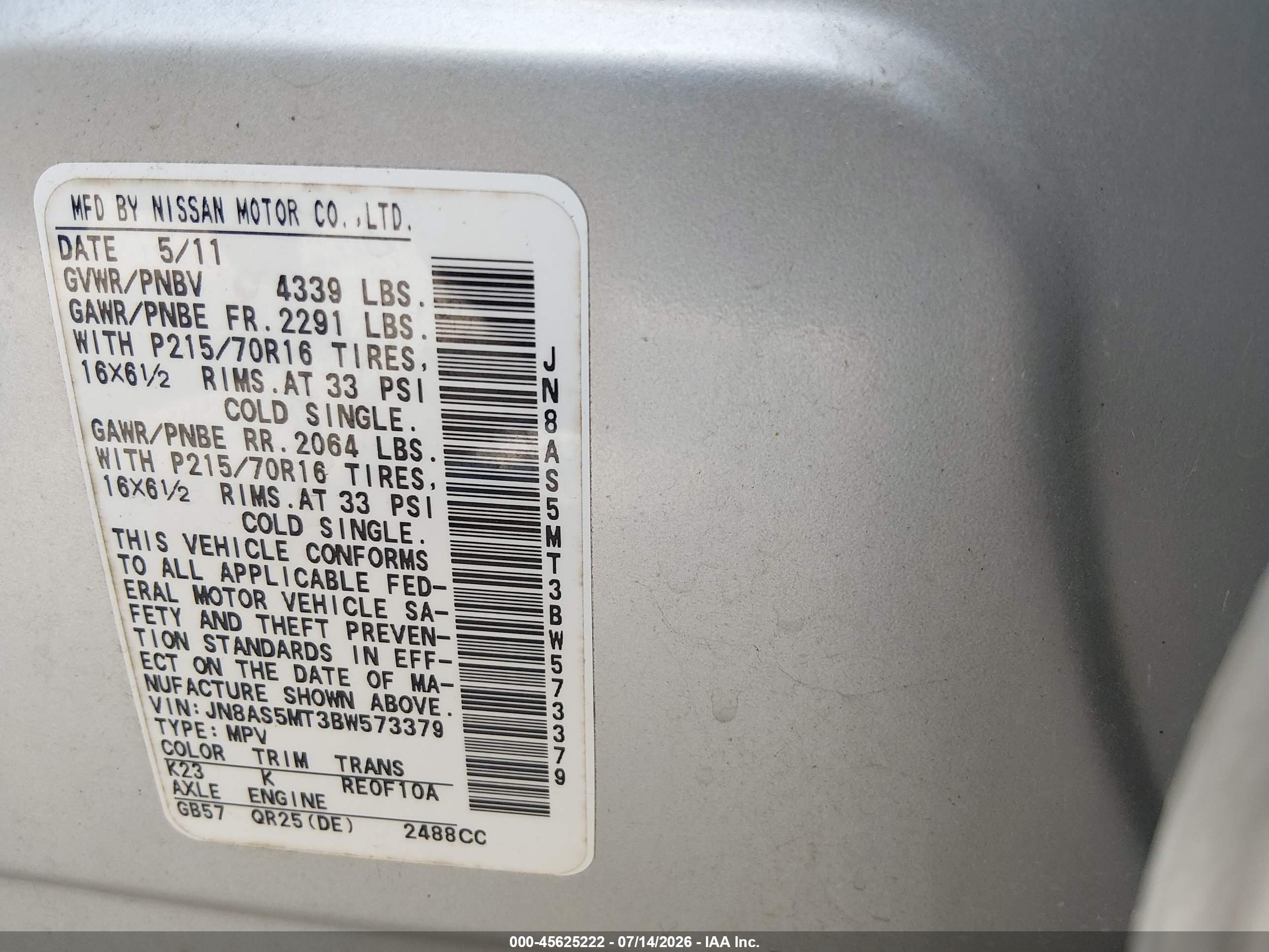 2011 Nissan Rogue S Silver vin: JN8AS5MT3BW573379