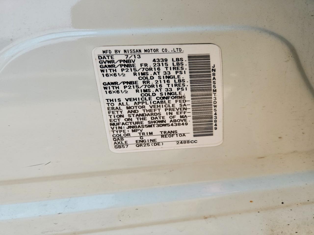 2013 Nissan Rogue S White vin: JN8AS5MT3DW543849