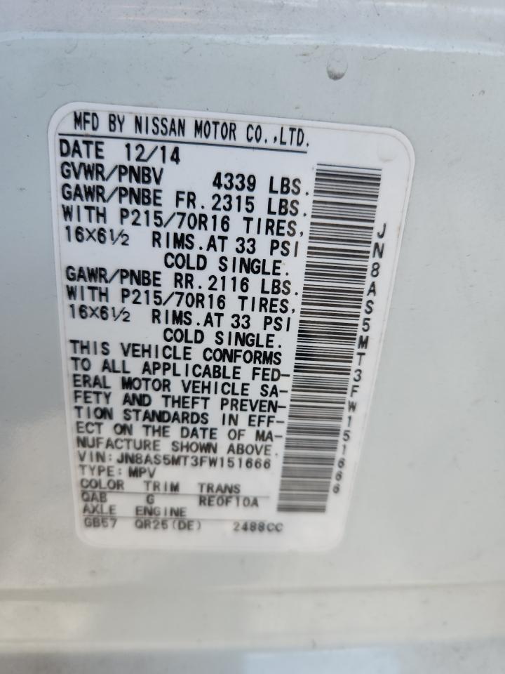 2015 Nissan Rogue Select S White vin: JN8AS5MT3FW151666