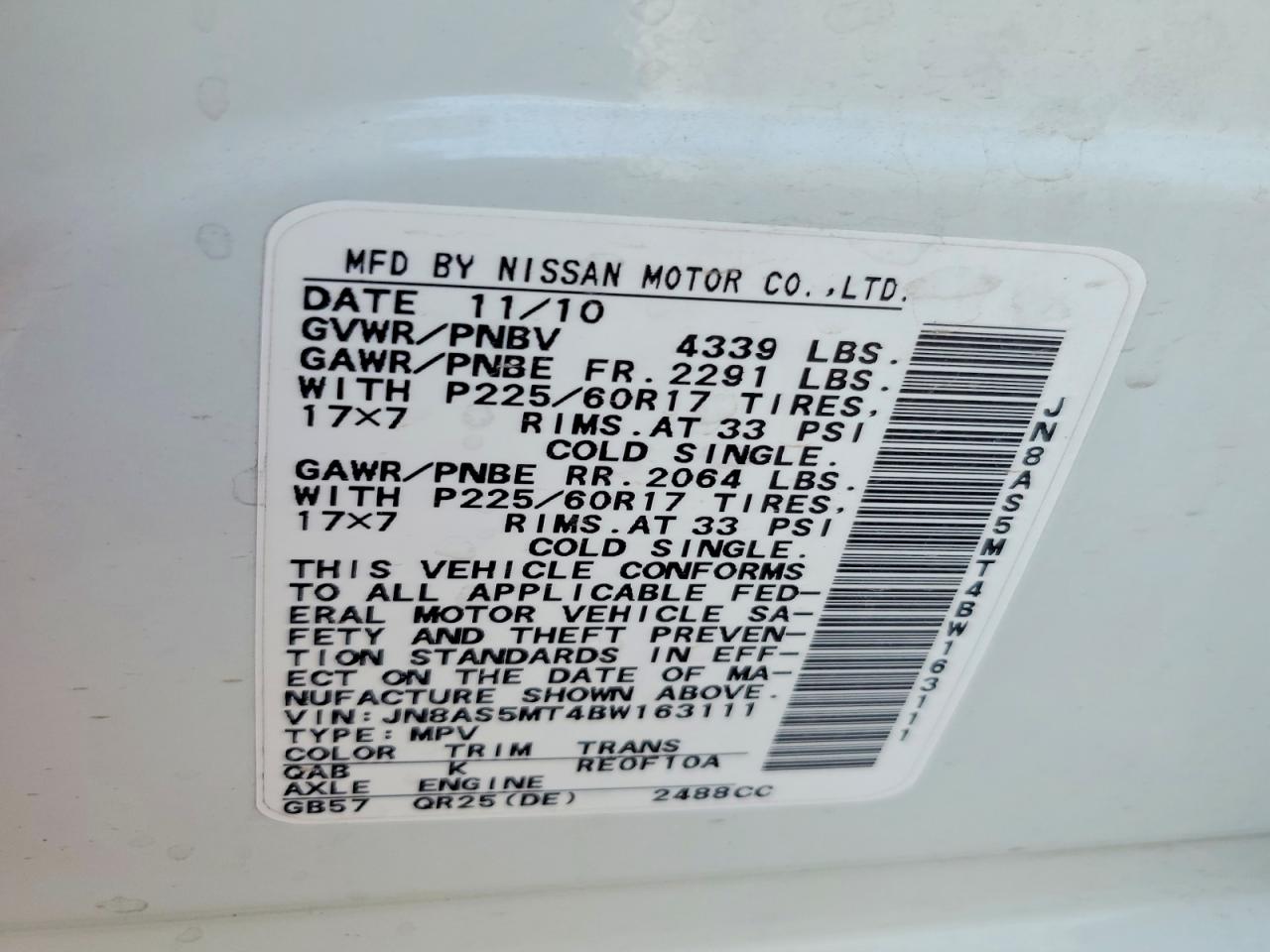 2011 Nissan Rogue White vin: JN8AS5MT4BW163111