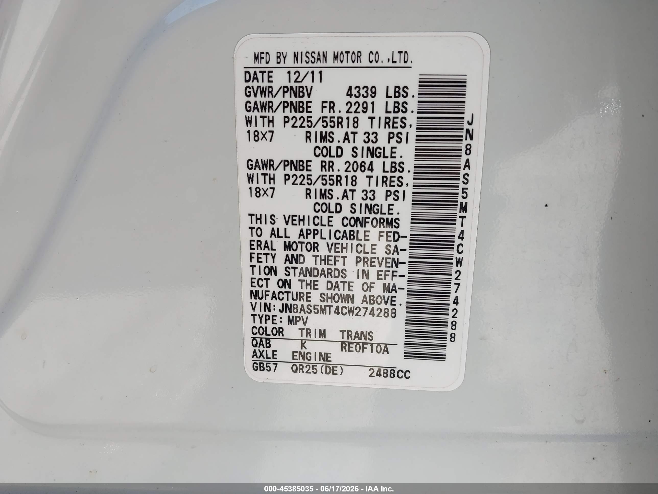 2012 Nissan Rogue Sv W/sl Pkg White vin: JN8AS5MT4CW274288
