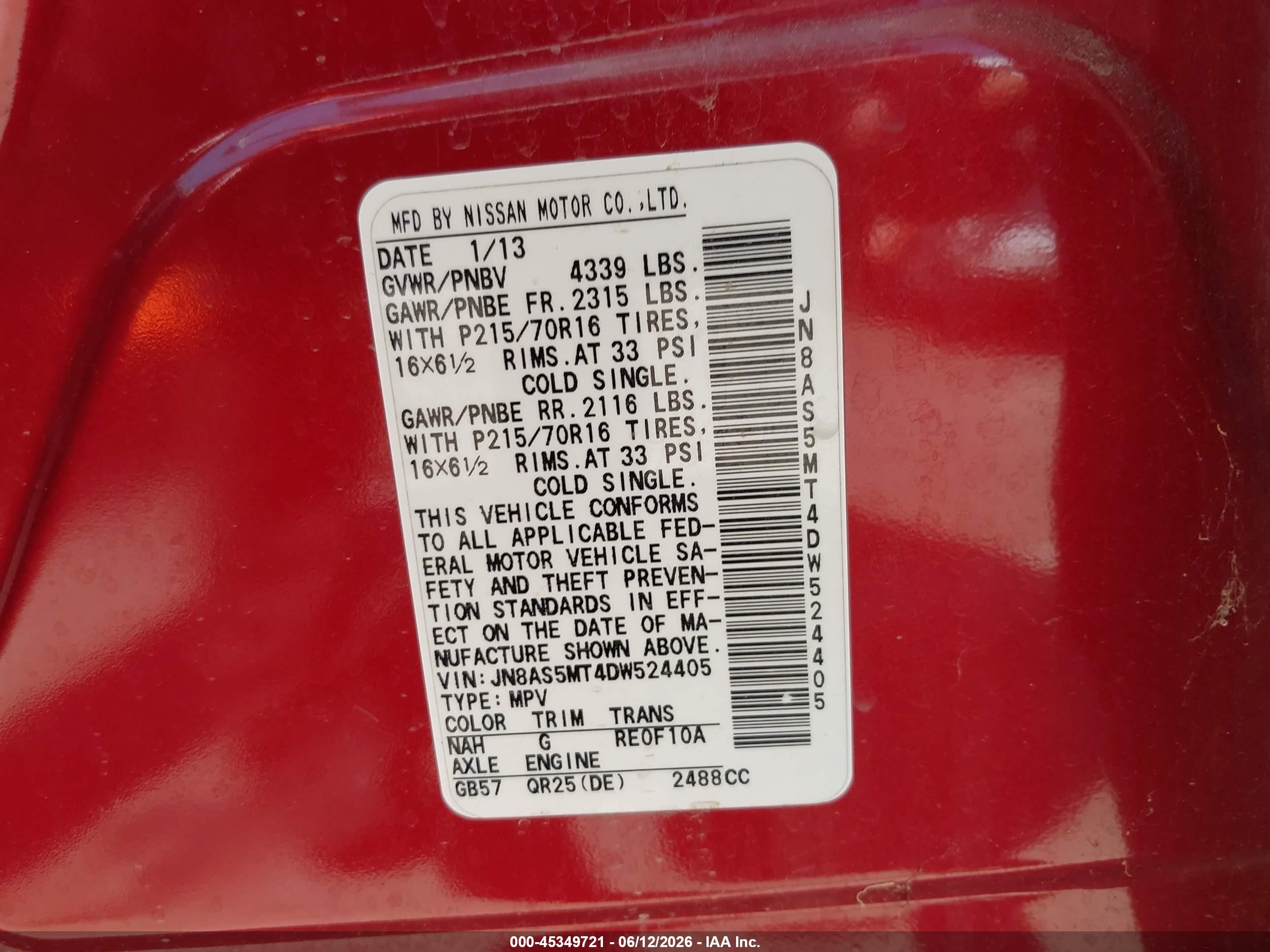 2013 Nissan Rogue S Red vin: JN8AS5MT4DW524405