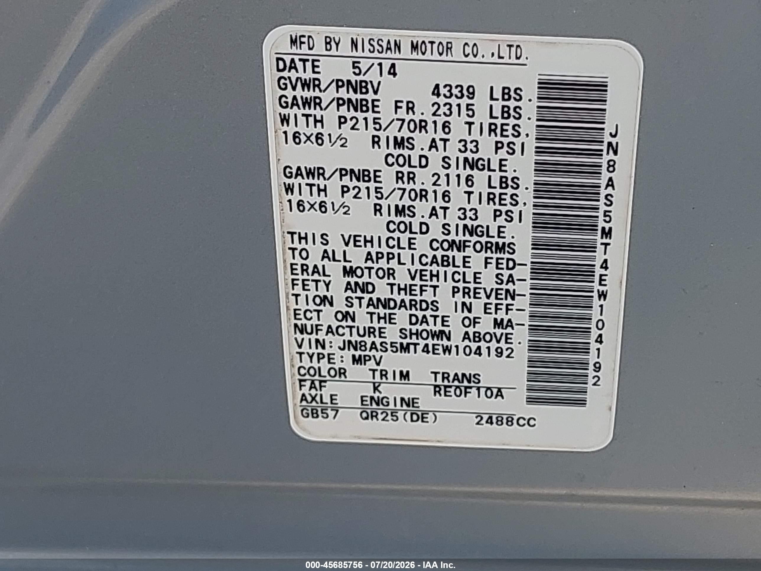2014 Nissan Rogue Select S Silver vin: JN8AS5MT4EW104192