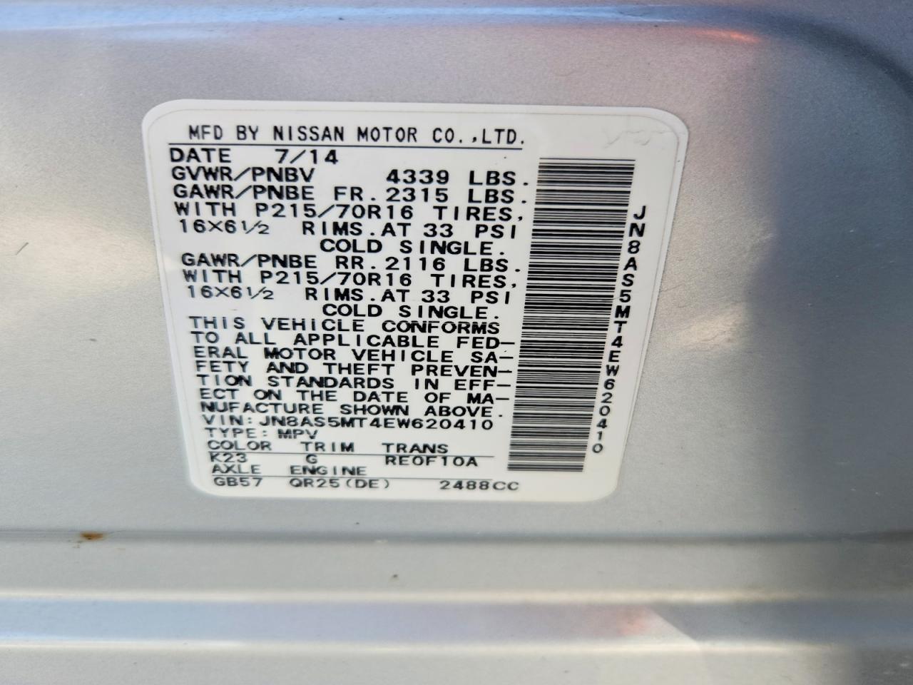 2014 Nissan Rogue Select S Silver vin: JN8AS5MT4EW620410
