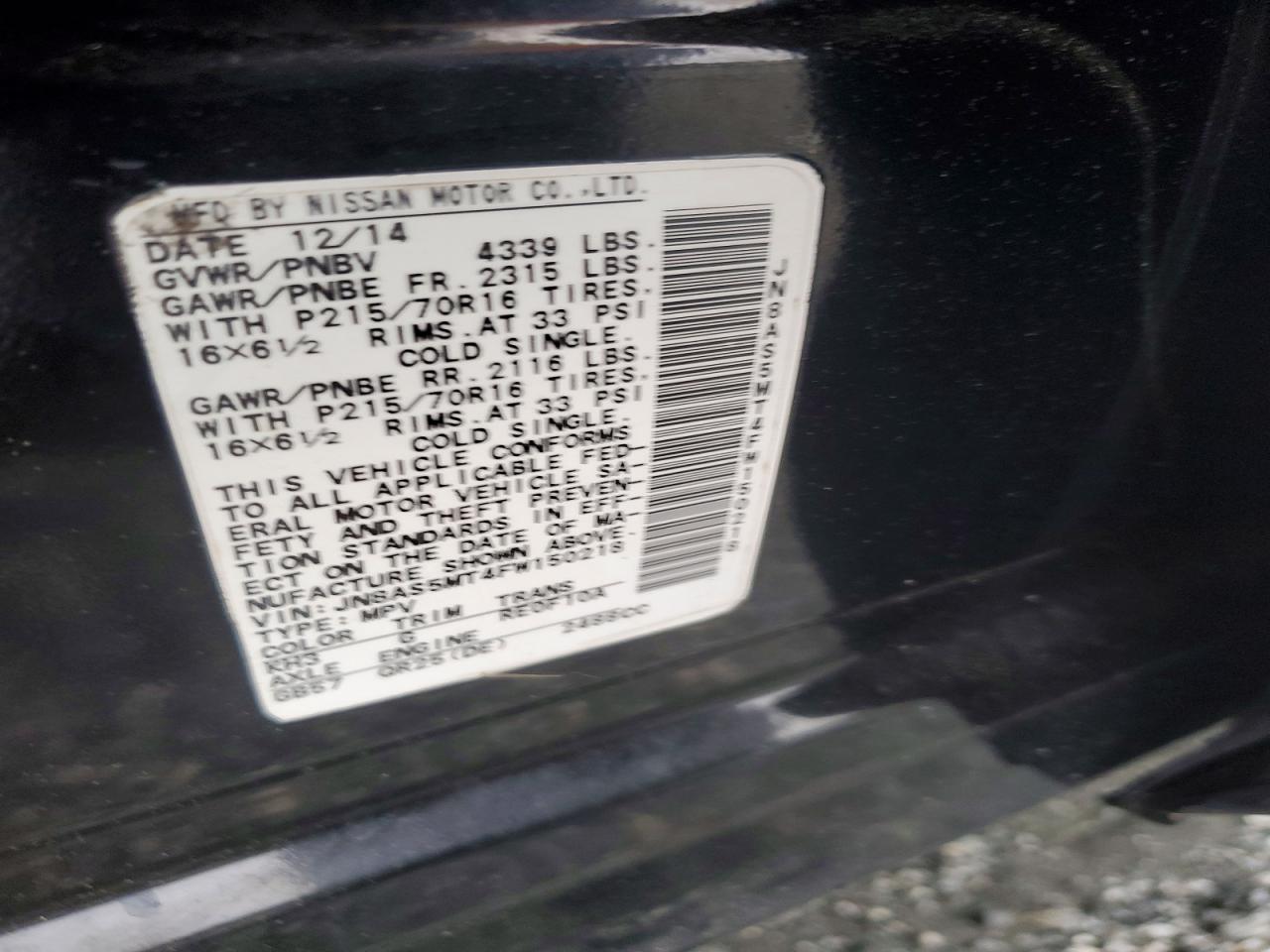 2015 Nissan Rogue Select S Black vin: JN8AS5MT4FW150218