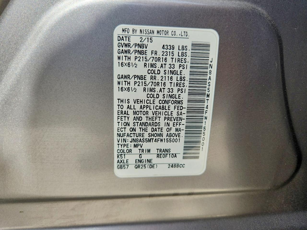 2015 Nissan Rogue Select S Gray vin: JN8AS5MT4FW155001
