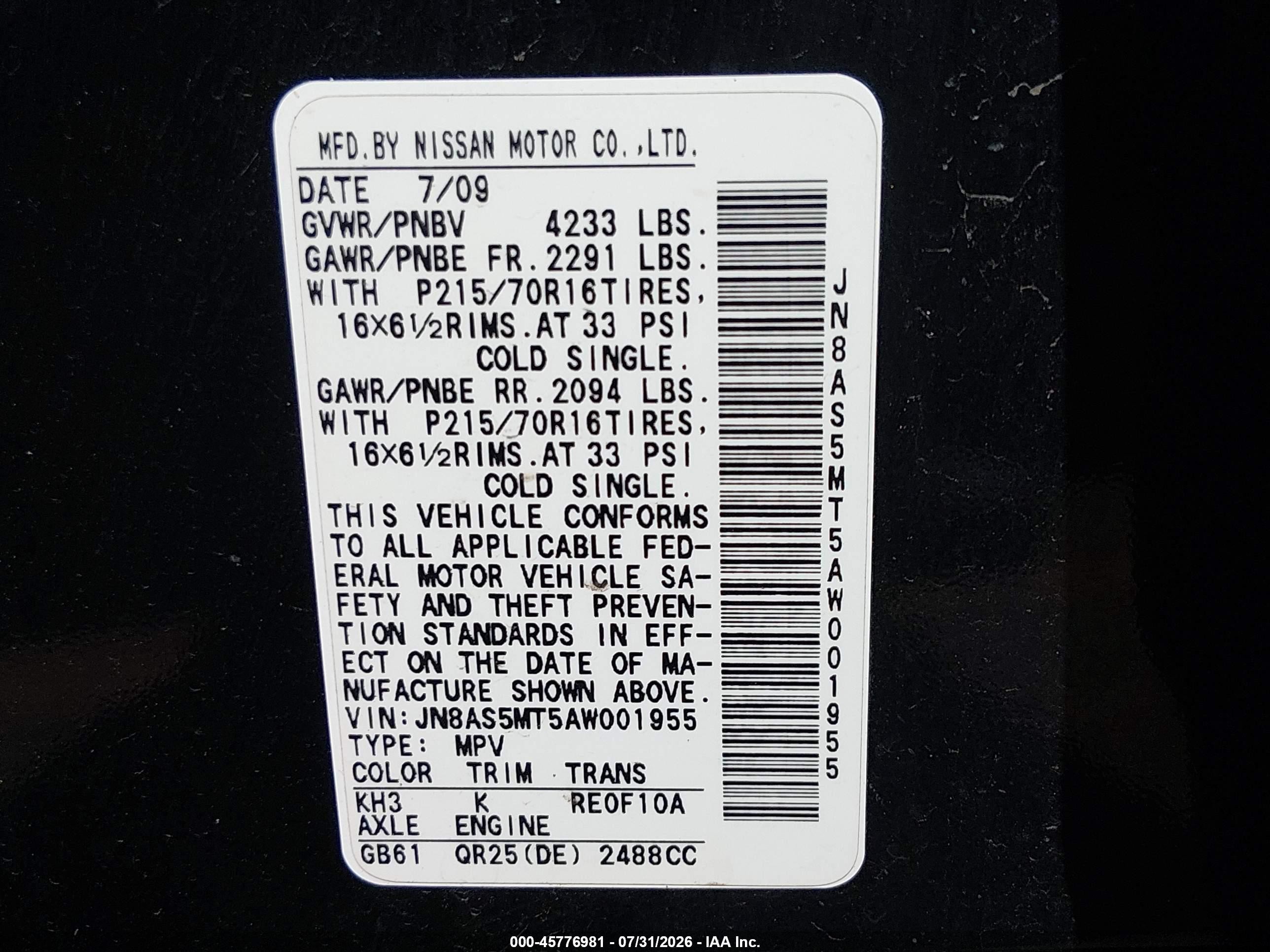 2010 Nissan Rogue S Black vin: JN8AS5MT5AW001955