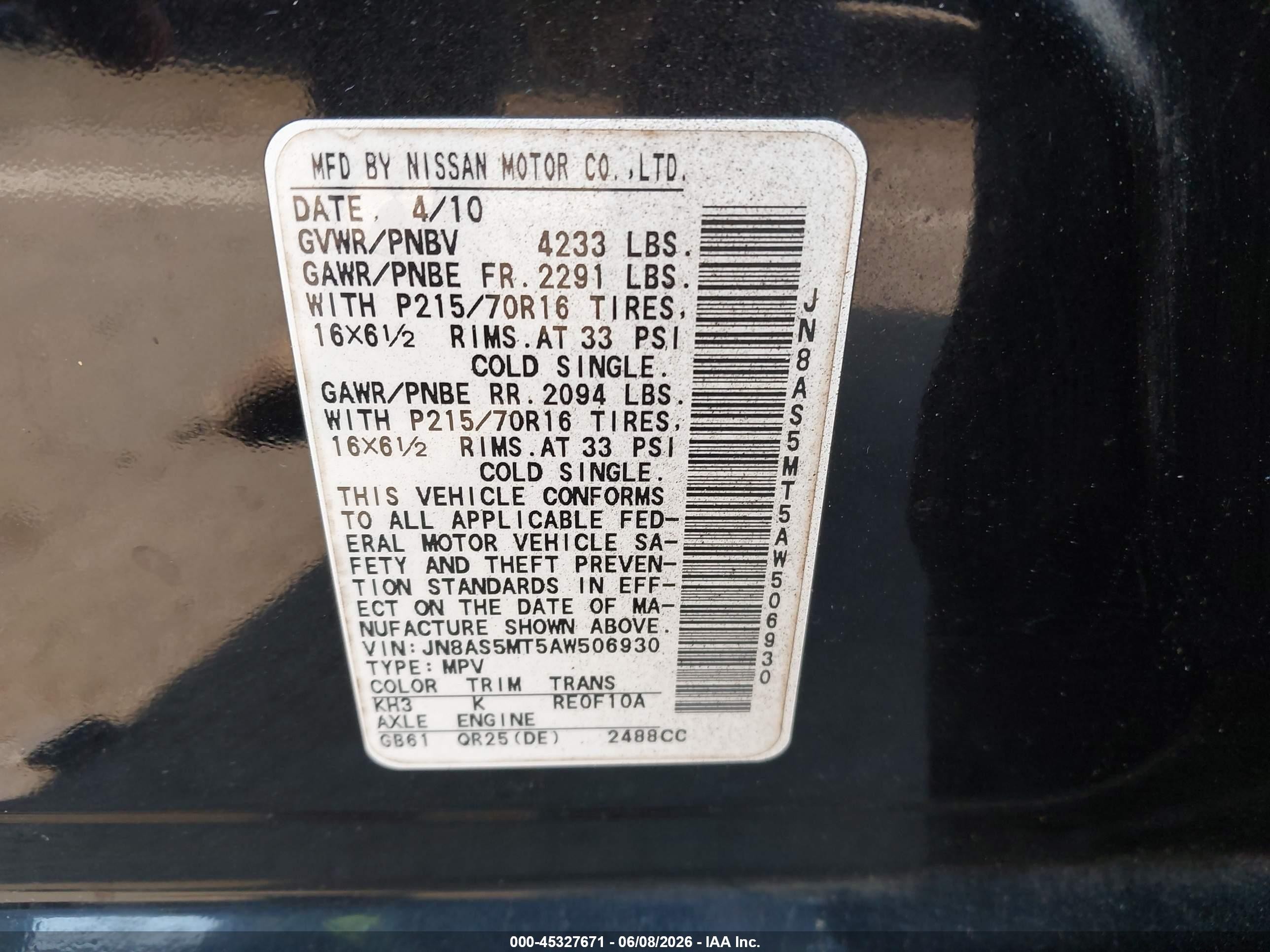 2010 Nissan Rogue S Black vin: JN8AS5MT5AW506930