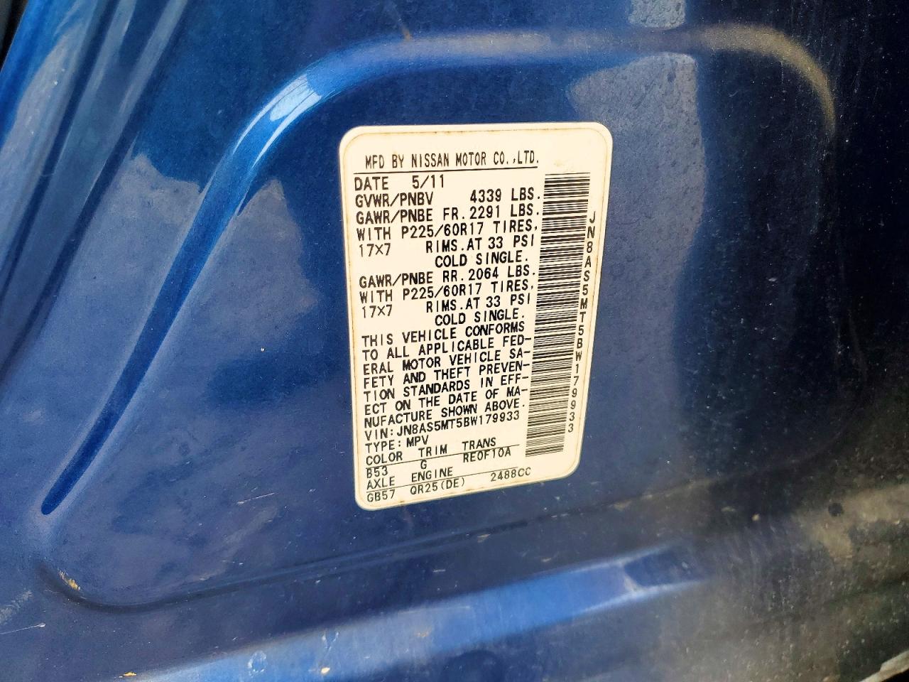 2011 Nissan Rogue S Blue vin: JN8AS5MT5BW179933