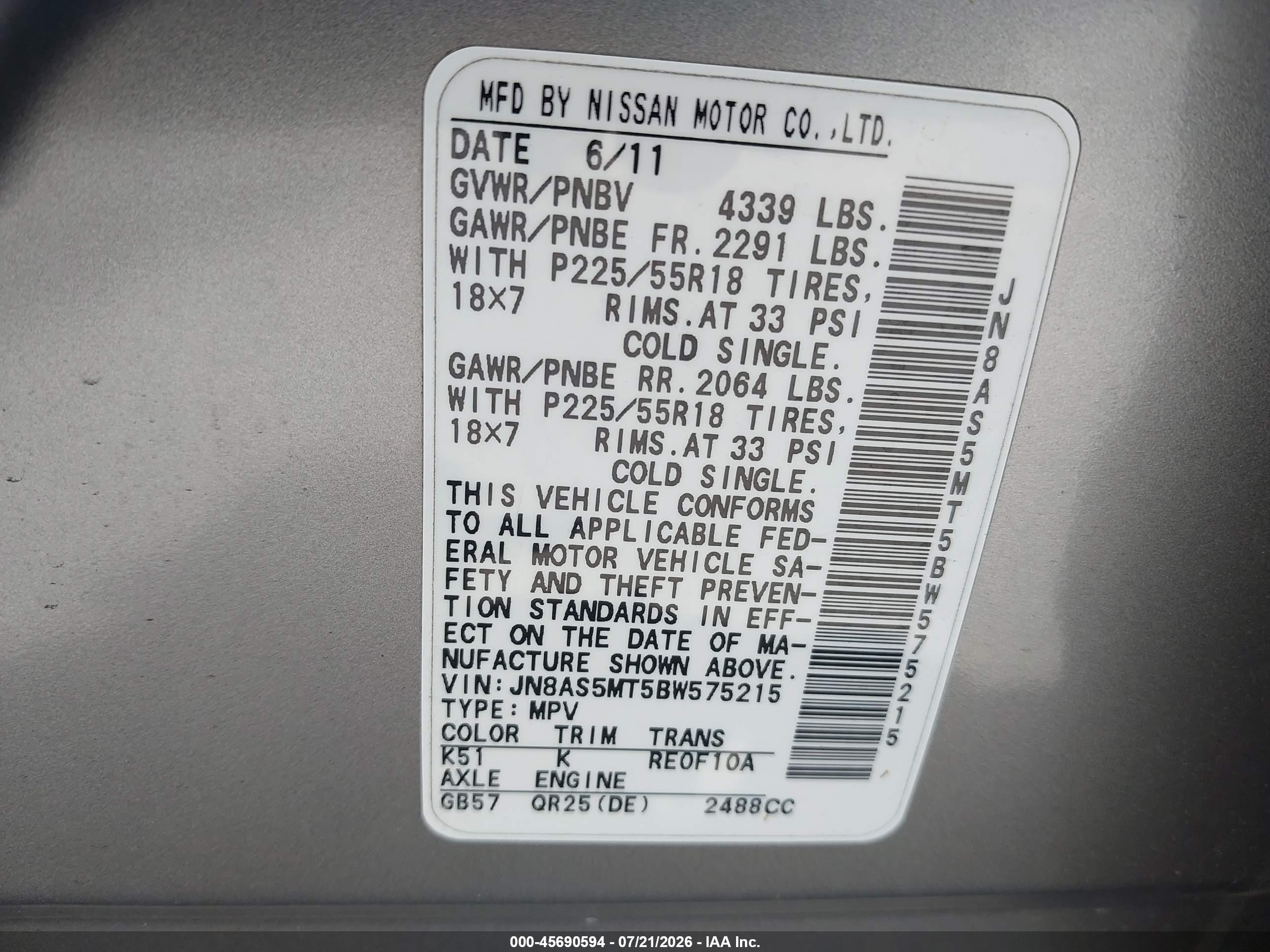 2011 Nissan Rogue Sv Champagne vin: JN8AS5MT5BW575215