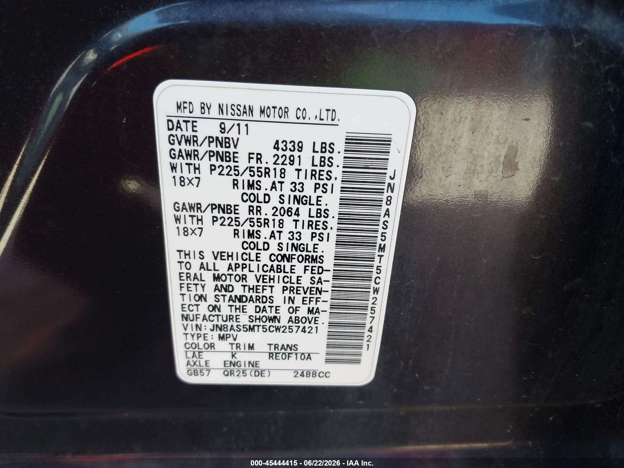 2012 Nissan Rogue Sv W/sl Pkg Black vin: JN8AS5MT5CW257421