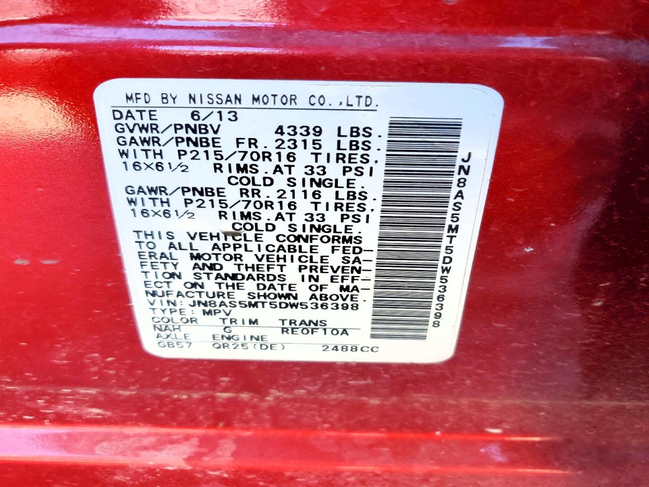 2013 Nissan Rogue S Red vin: JN8AS5MT5DW536398