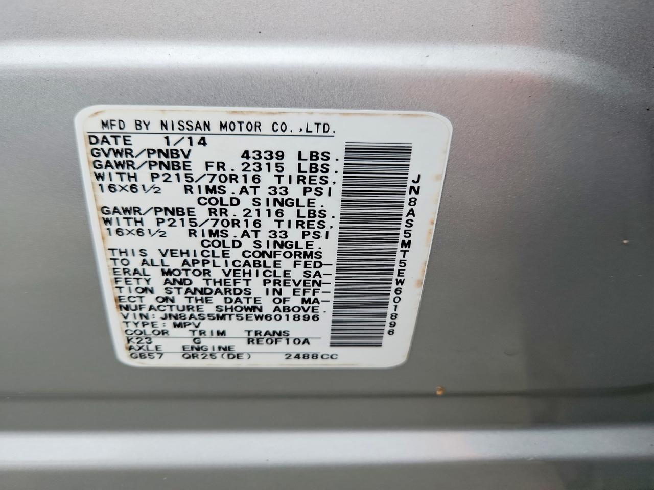 2014 Nissan Rogue Select S Silver vin: JN8AS5MT5EW601896