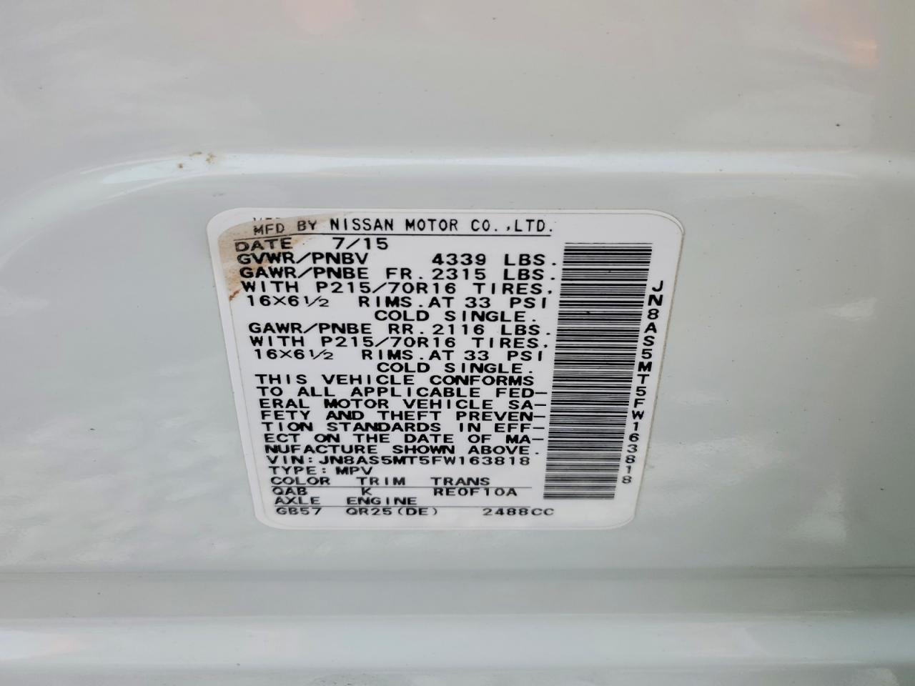 2015 Nissan Rogue Select S White vin: JN8AS5MT5FW163818