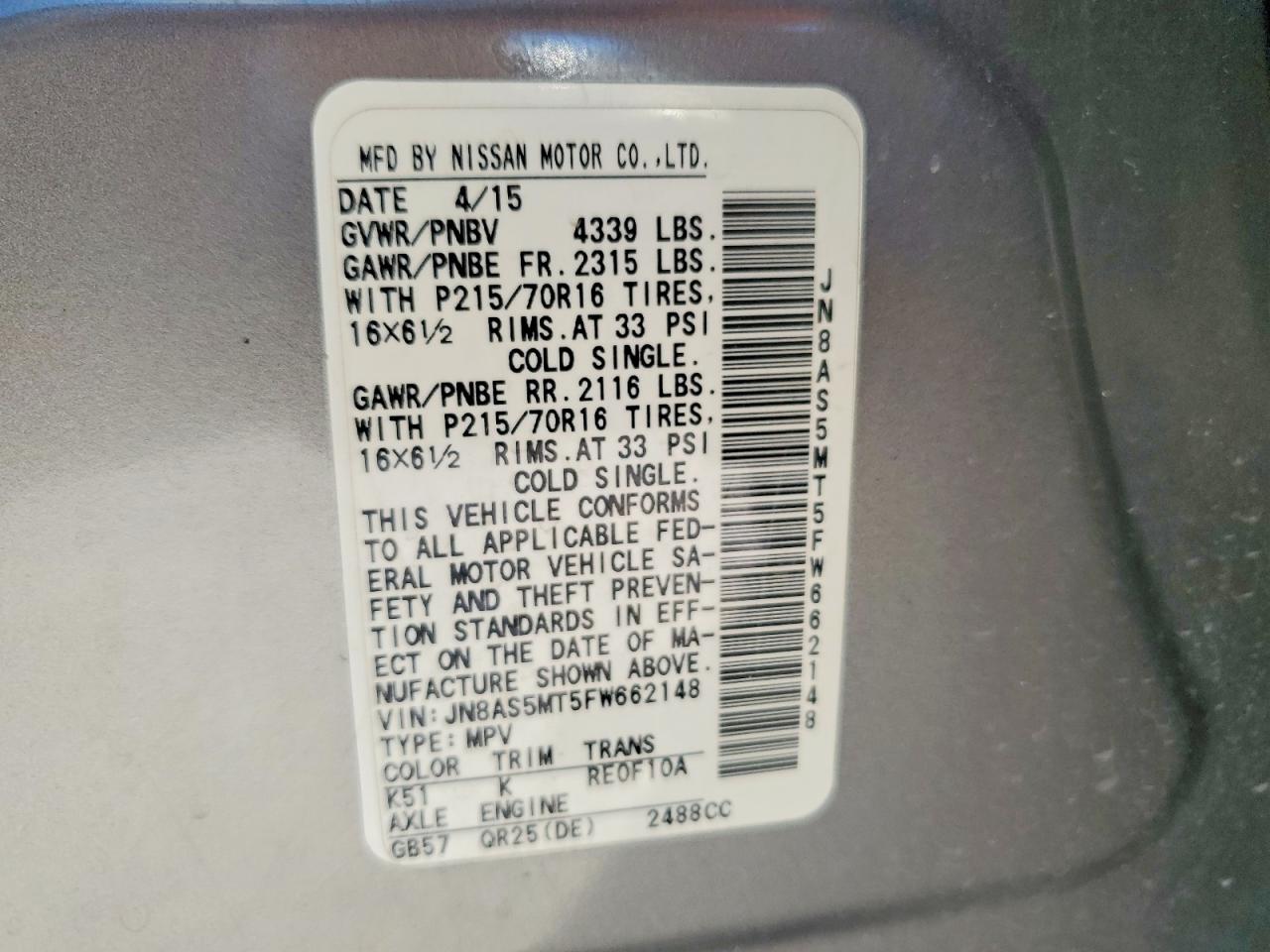 2015 Nissan Rogue Select S Gray vin: JN8AS5MT5FW662148