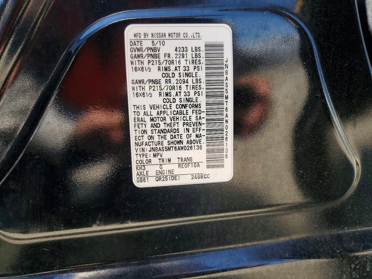 2010 Nissan Rogue Sl Black vin: JN8AS5MT6AW026136