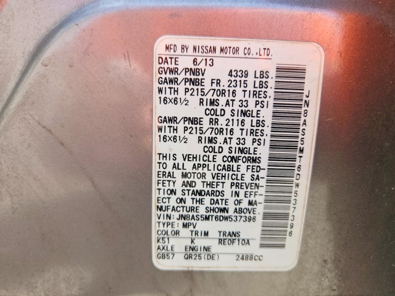 2013 Nissan Rouge Gray vin: JN8AS5MT6DW537396