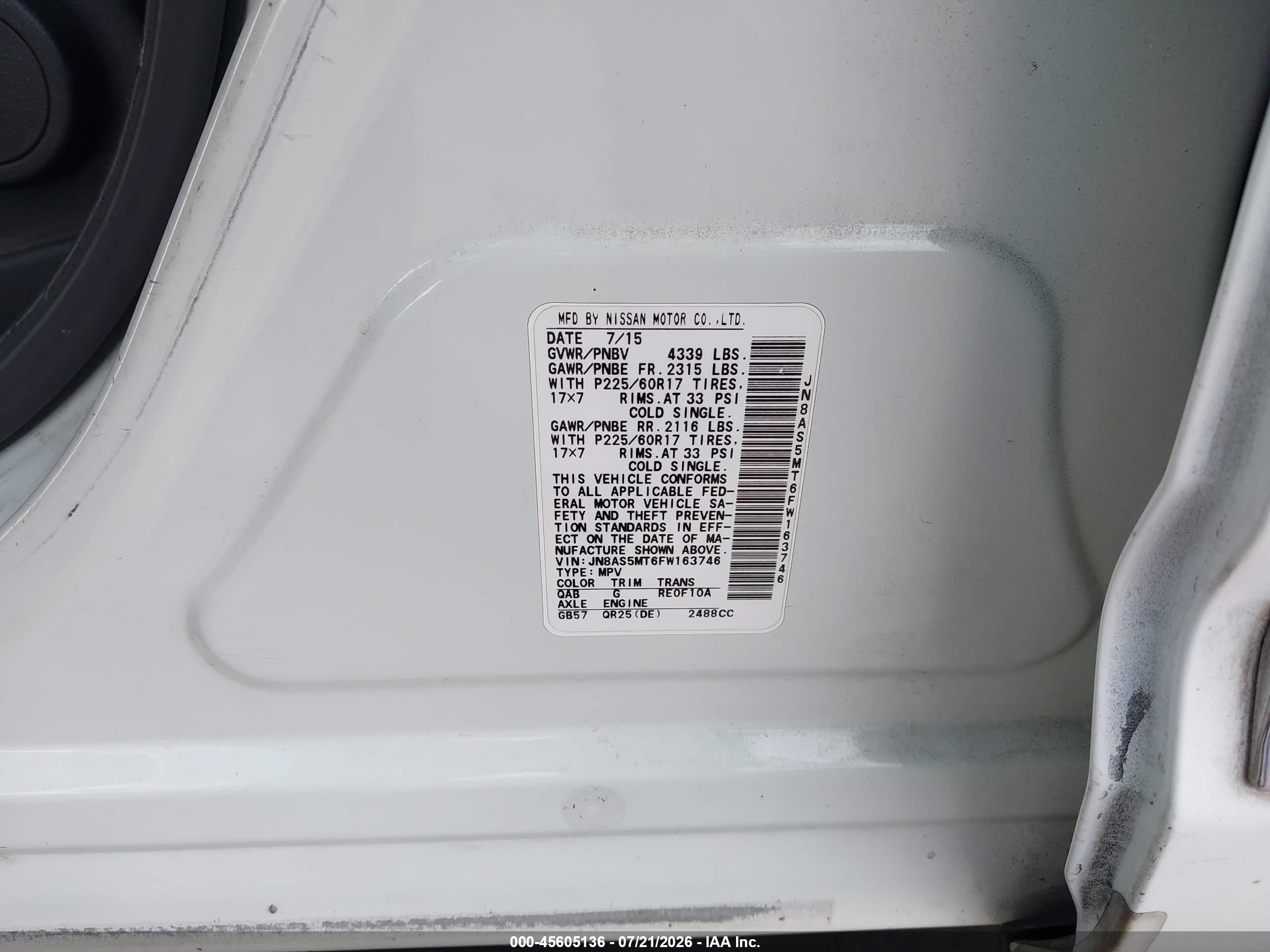 2015 Nissan Rogue Select S White vin: JN8AS5MT6FW163746