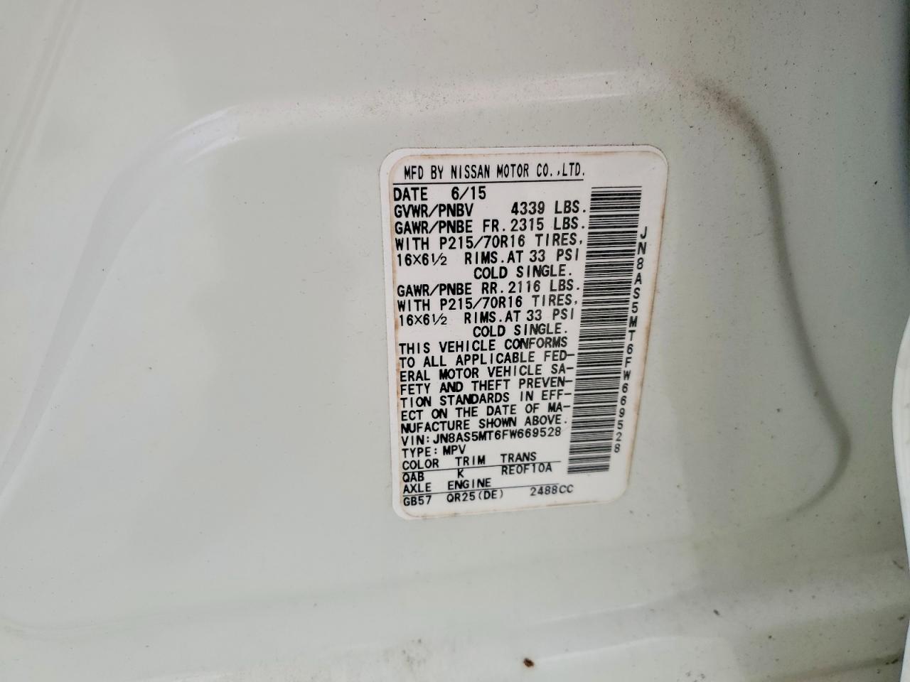 2015 Nissan Rogue Select S White vin: JN8AS5MT6FW669528