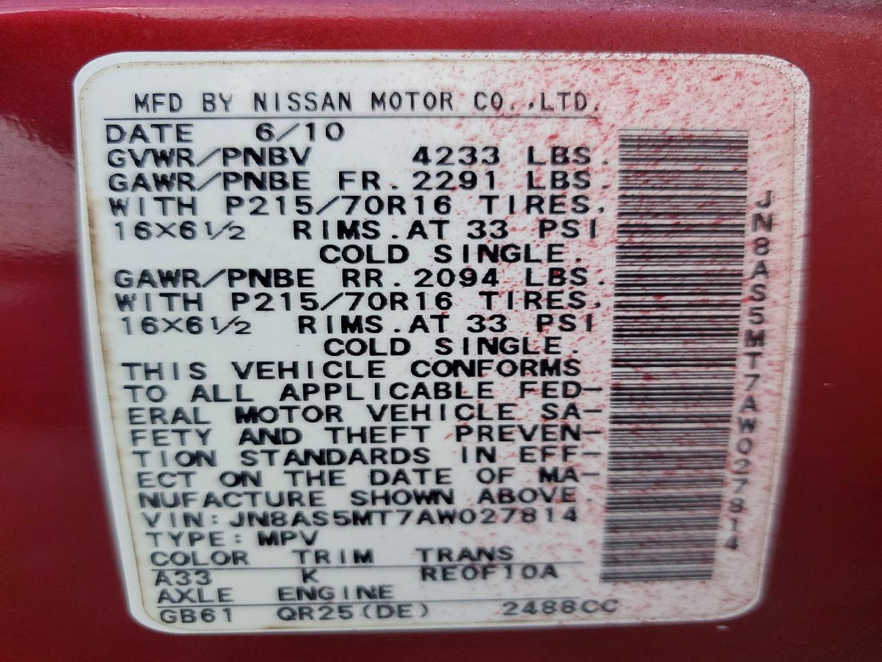 2010 Nissan Rogue Sl Burgundy vin: JN8AS5MT7AW027814