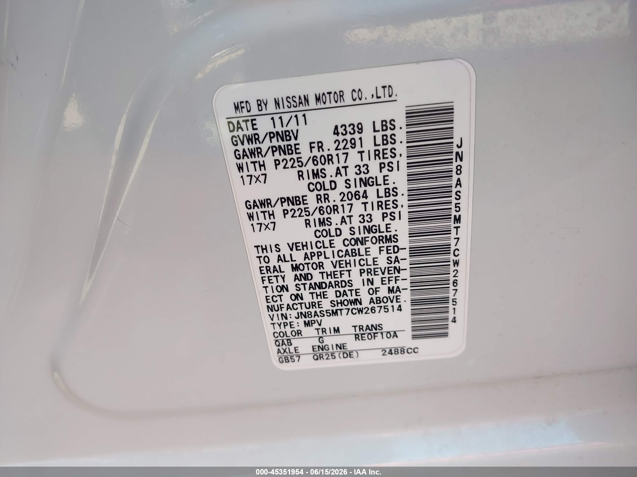 2012 Nissan Rogue Sv White vin: JN8AS5MT7CW267514