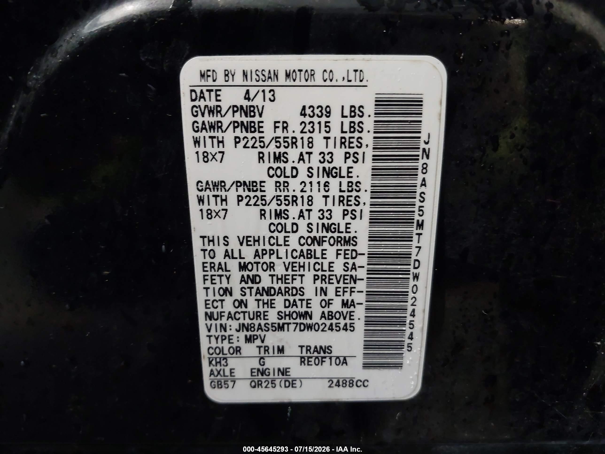 2013 Nissan Rogue Sv W/sl Pkg Black vin: JN8AS5MT7DW024545