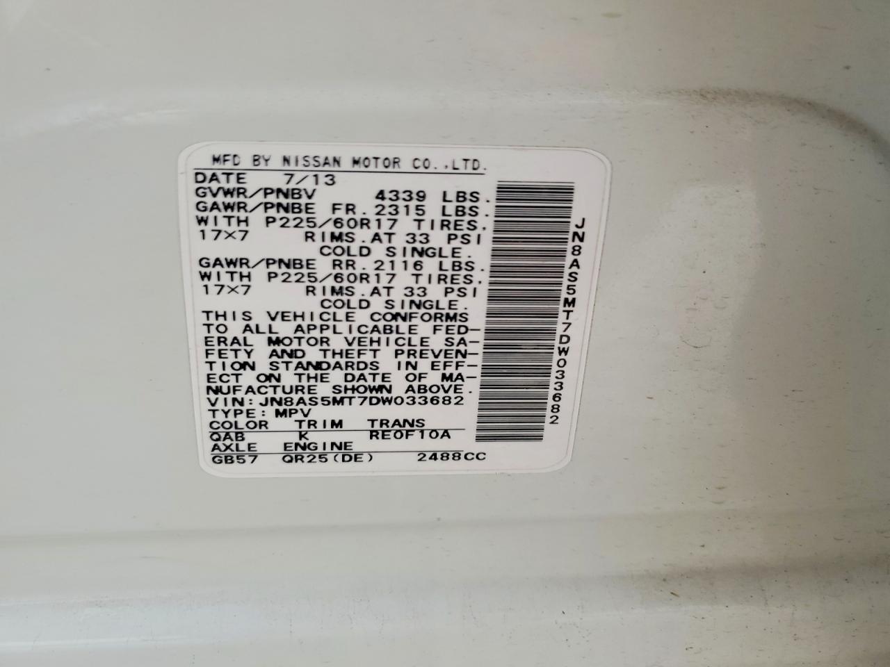 2013 Nissan Rogue White vin: JN8AS5MT7DW033682