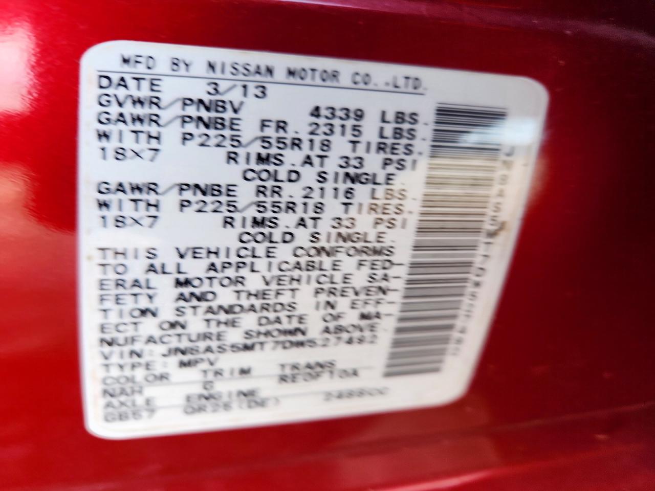 2013 Nissan Rouge Red vin: JN8AS5MT7DW527492
