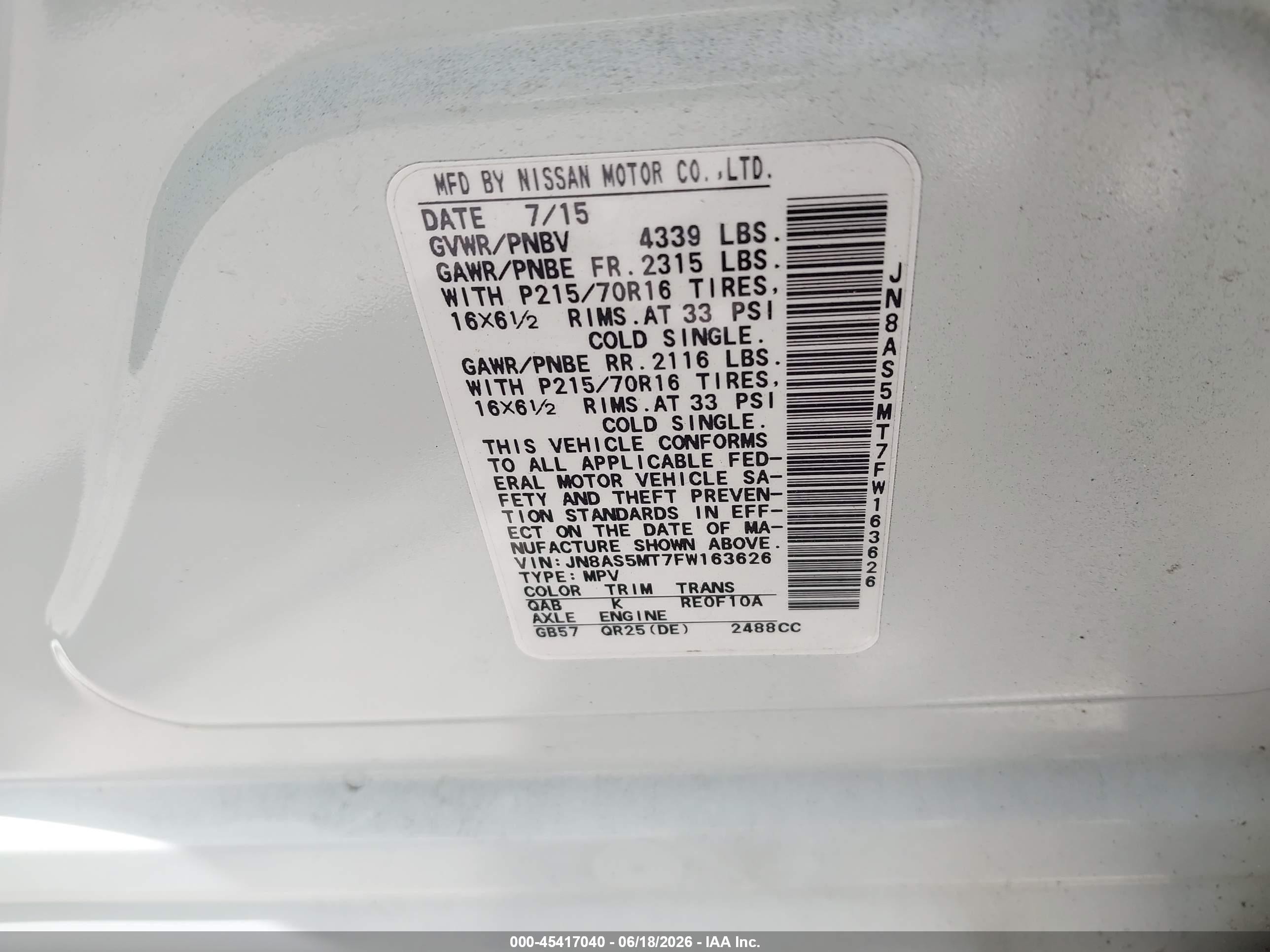 2015 Nissan Rogue Select S White vin: JN8AS5MT7FW163626