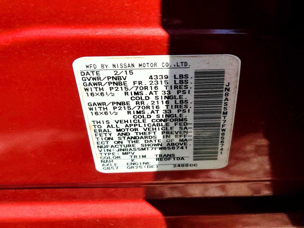 2015 Nissan Rogue Select S Red vin: JN8AS5MT7FW656741
