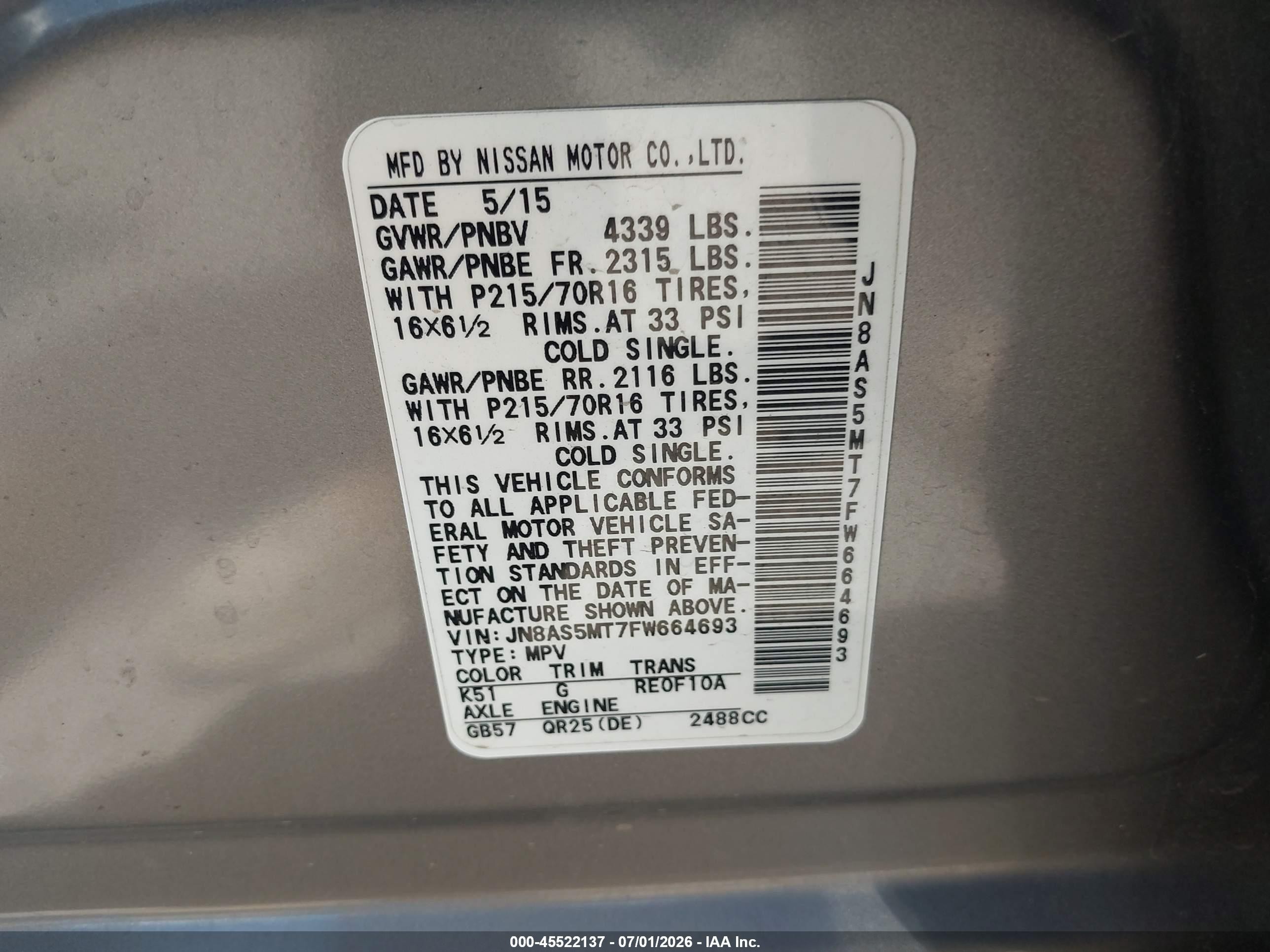 2015 Nissan Rogue Select S Gray vin: JN8AS5MT7FW664693