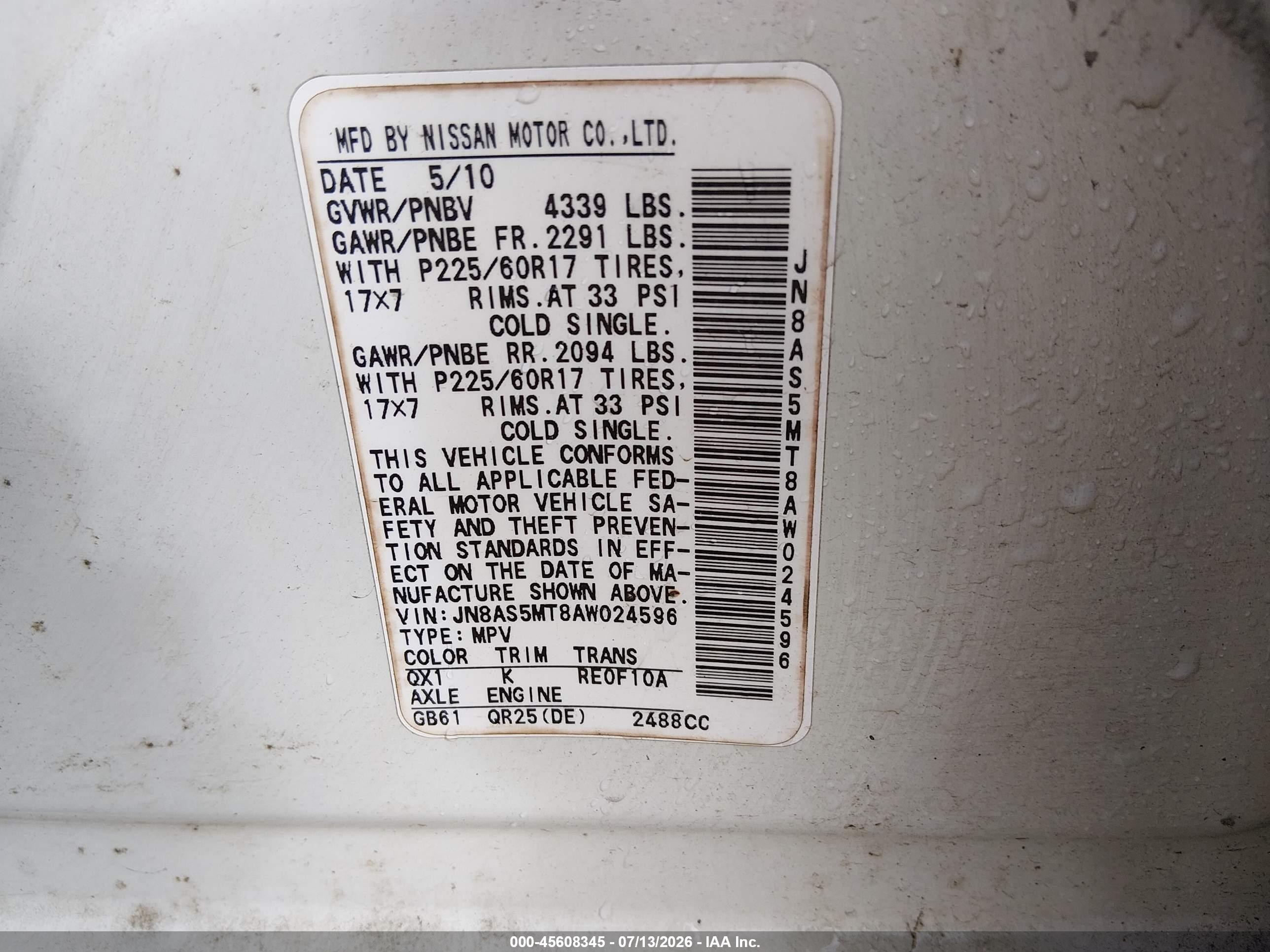 2010 Nissan Rogue Sl White vin: JN8AS5MT8AW024596