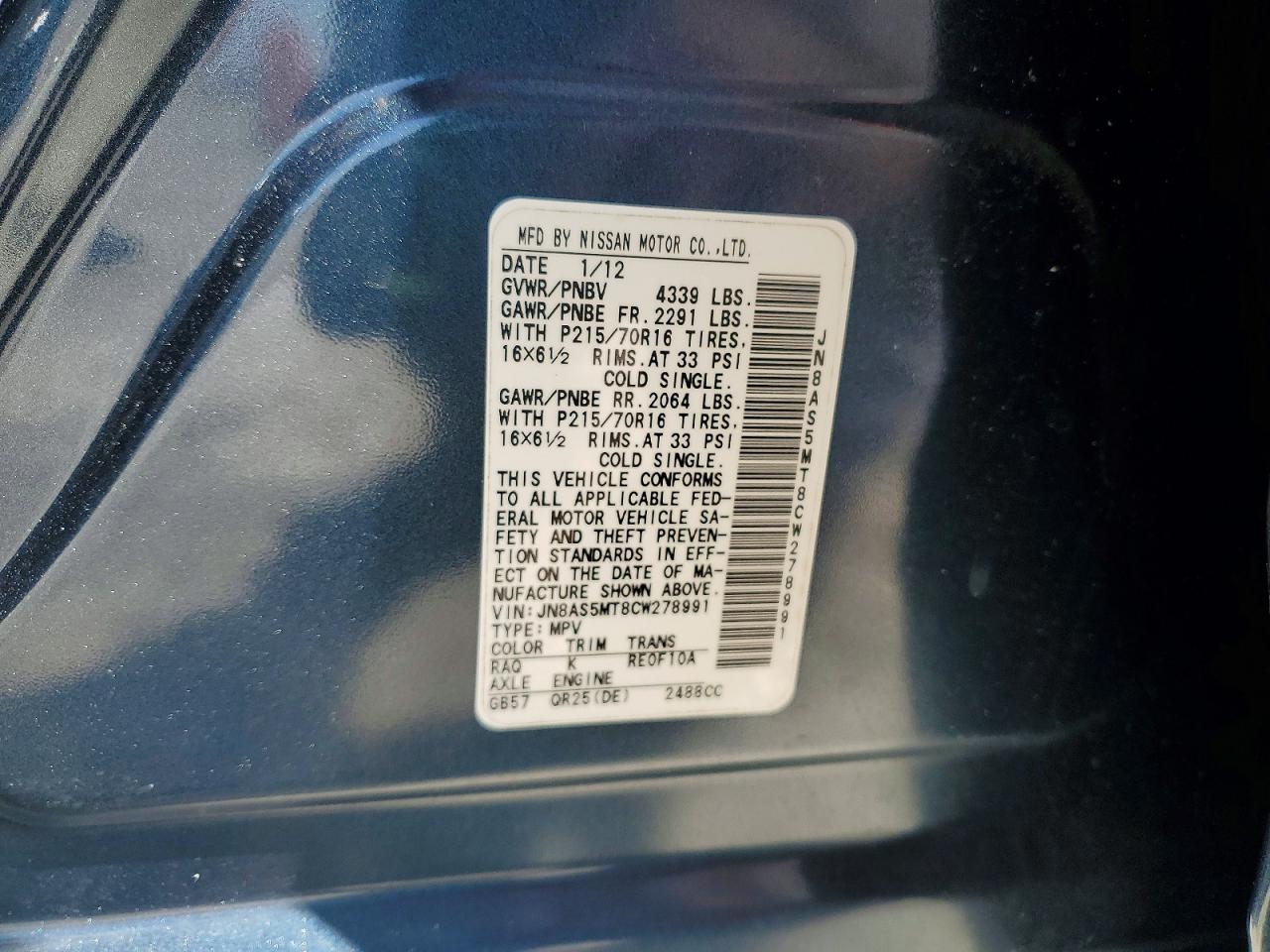 2012 Nissan Rogue S Blue vin: JN8AS5MT8CW278991