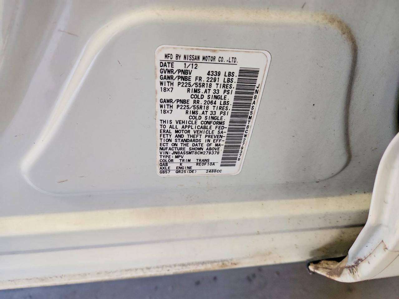 2012 Nissan Rogue S White vin: JN8AS5MT8CW279378