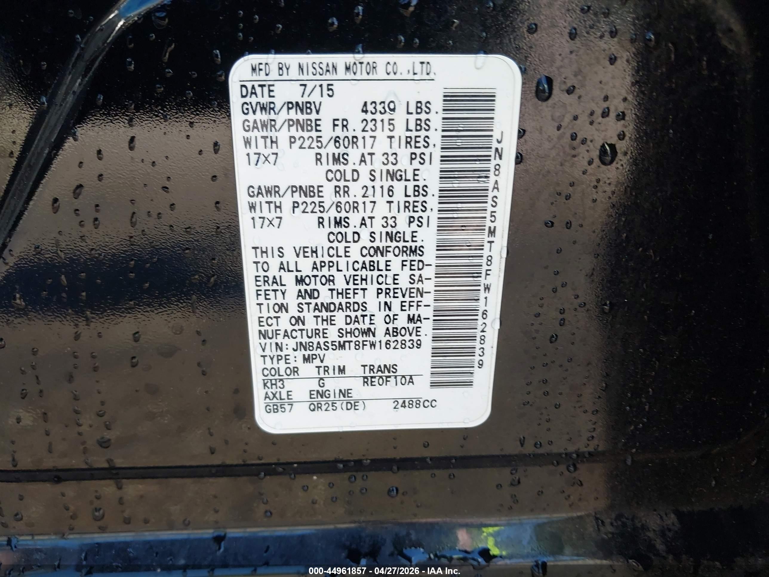 2015 Nissan Rogue Select S Black vin: JN8AS5MT8FW162839