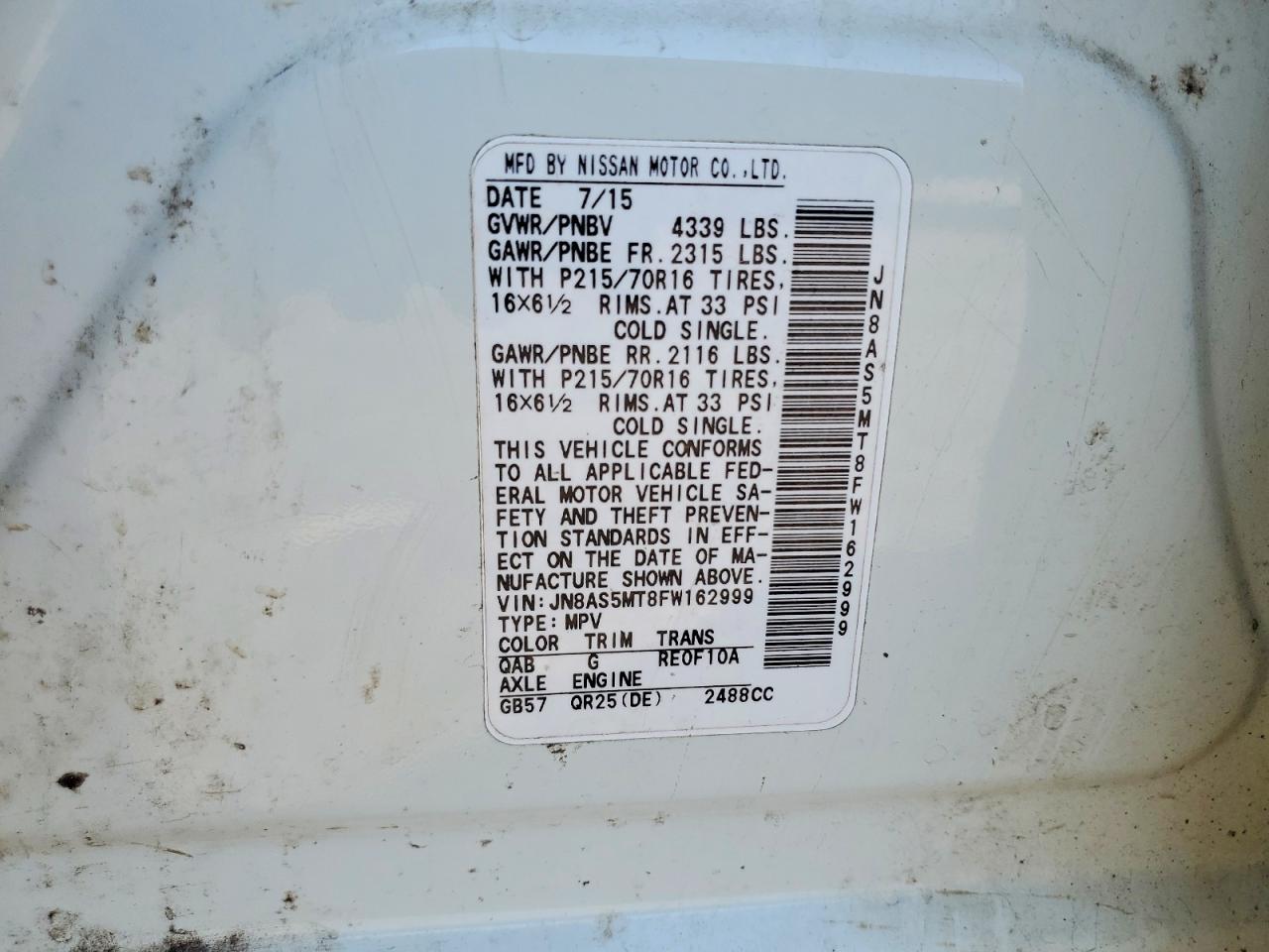 2015 Nissan Rogue Select S White vin: JN8AS5MT8FW162999